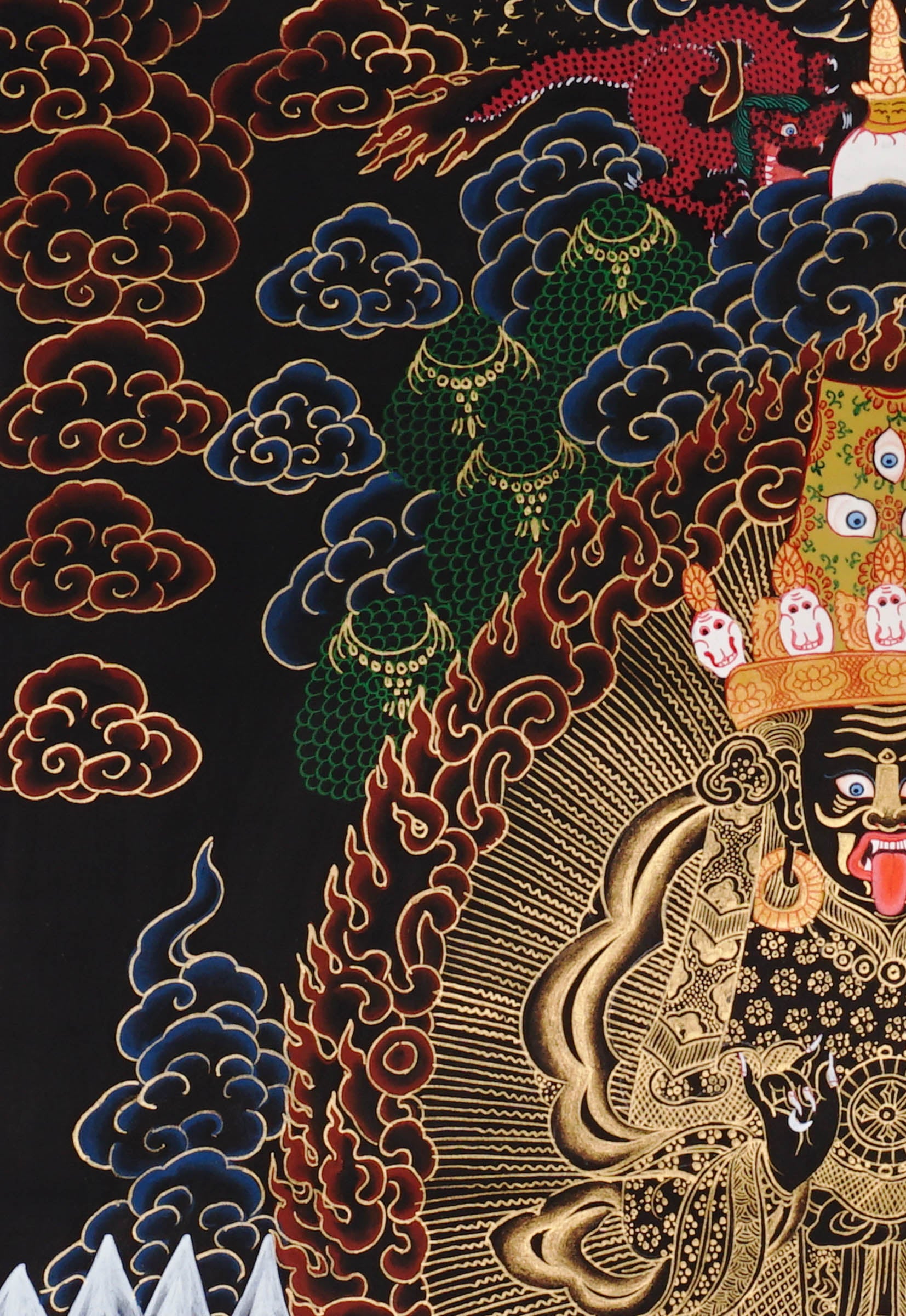 Hand-painted Black Gold Tibetan thangka featuring Zajhi Lhamo, a wrathful Buddhist protector deity surrounded by sacred flames and ornate gold detailing