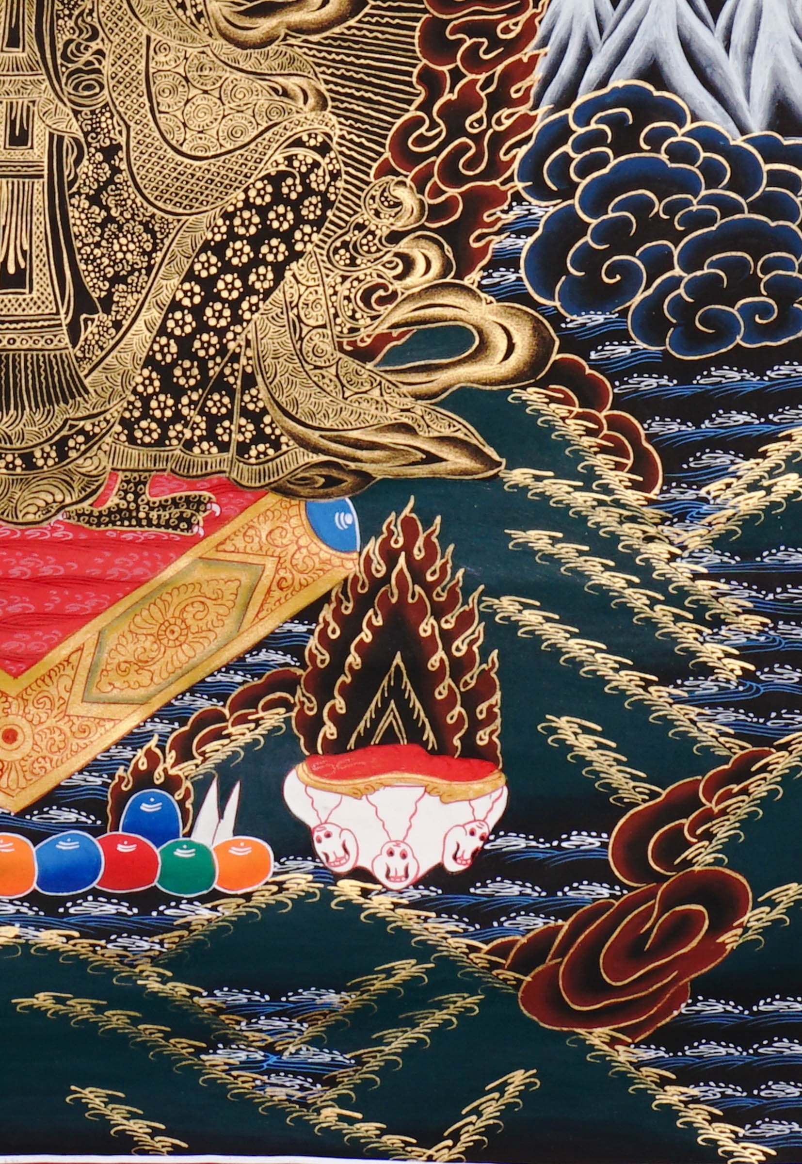 Hand-painted Black Gold Tibetan thangka featuring Zajhi Lhamo, a wrathful Buddhist protector deity surrounded by sacred flames and ornate gold detailing
