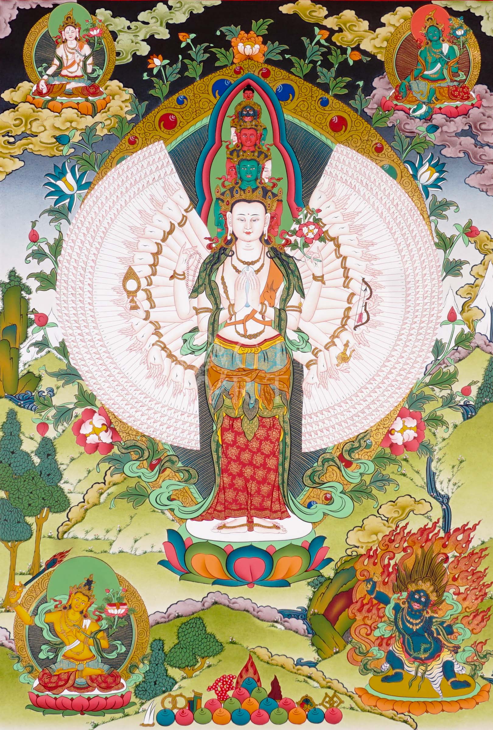 Avalokeshwor thangka featuring Thousand-Armed Chenrezig standing on a lotus throne surrounded by sacred Buddhist figures and symbolic imagery