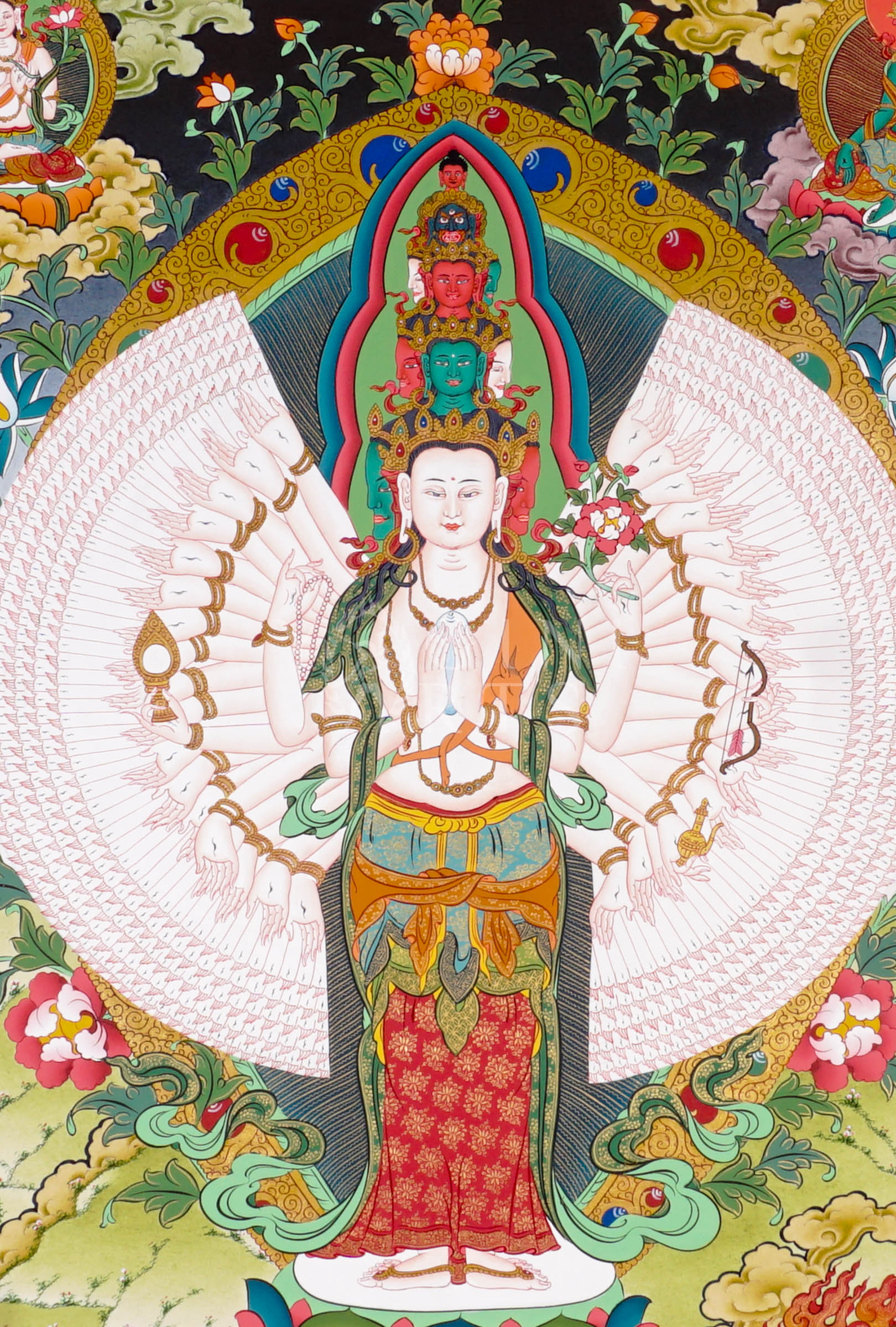 Avalokeshwor thangka featuring Thousand-Armed Chenrezig standing on a lotus throne surrounded by sacred Buddhist figures and symbolic imagery