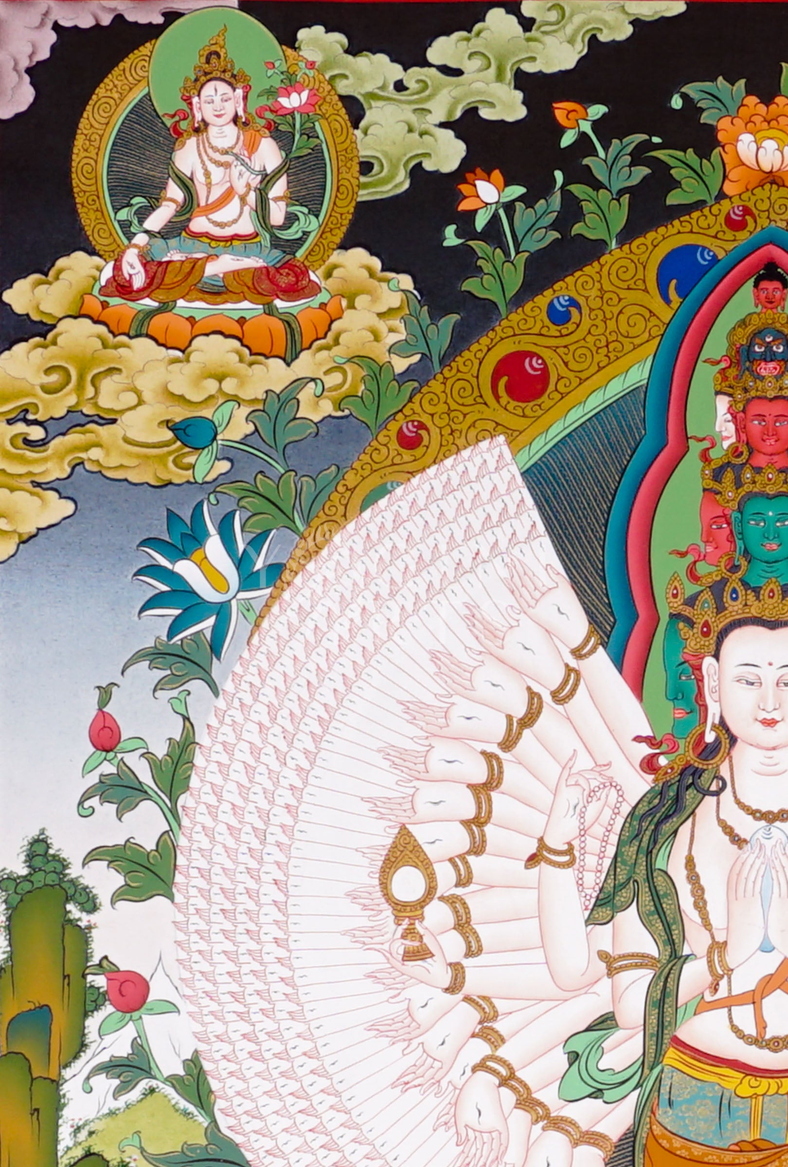 Avalokeshwor thangka featuring Thousand-Armed Chenrezig standing on a lotus throne surrounded by sacred Buddhist figures and symbolic imagery