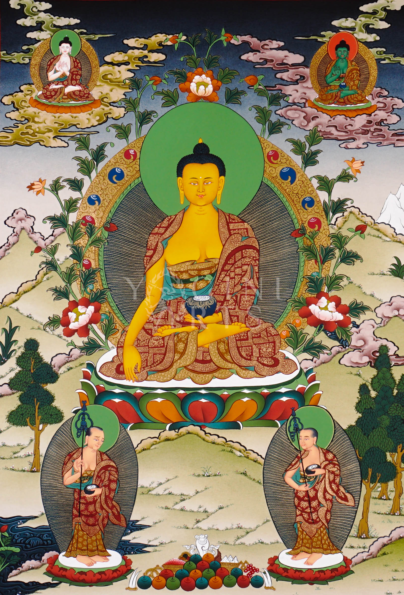 Shakyamuni Buddha thangka featuring the Historical Buddha seated in meditation holding an alms bowl surrounded by sacred Buddhist figures