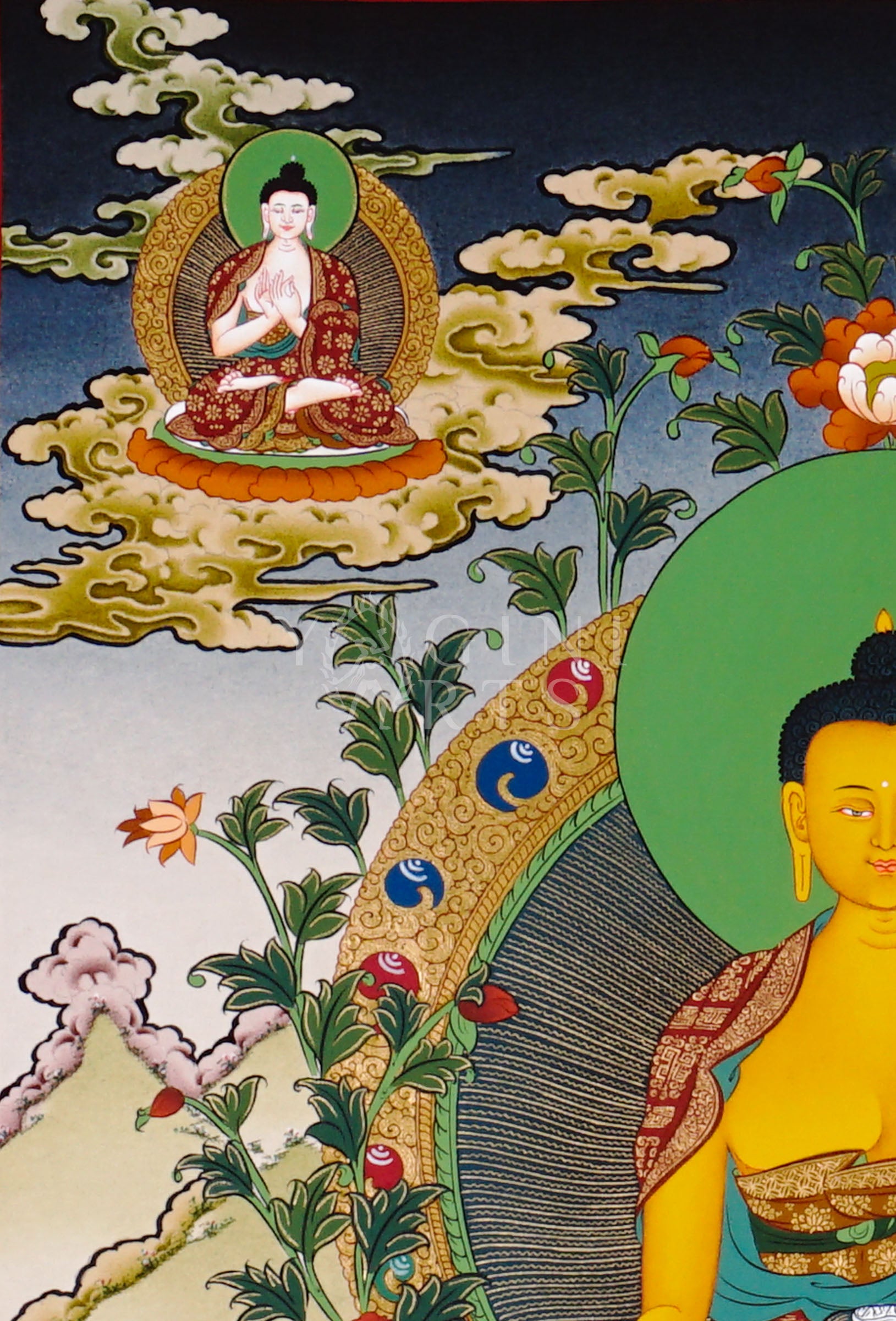 Shakyamuni Buddha thangka featuring the Historical Buddha seated in meditation holding an alms bowl surrounded by sacred Buddhist figures