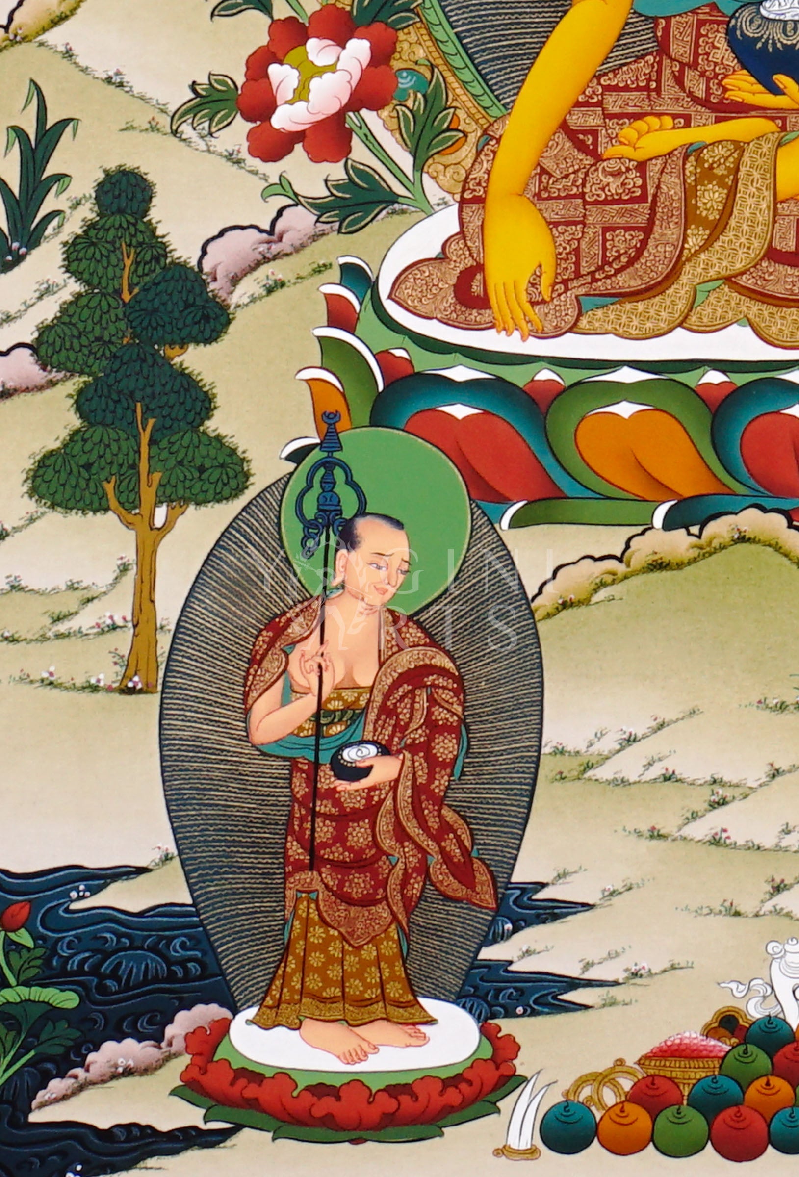 Shakyamuni Buddha thangka featuring the Historical Buddha seated in meditation holding an alms bowl surrounded by sacred Buddhist figures