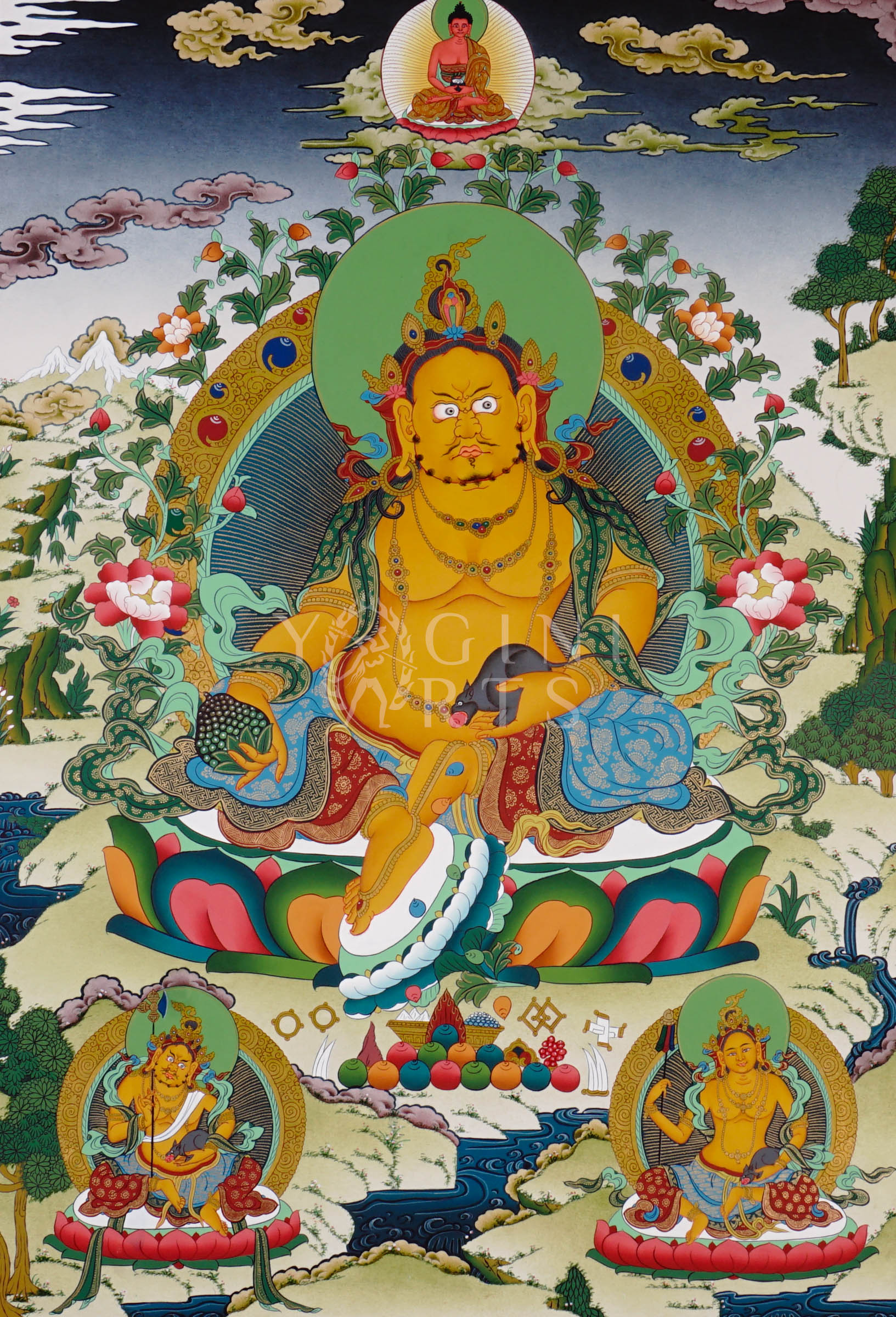 Zambhala thangka featuring the Buddhist deity of wealth holding a mongoose spitting jewels surrounded by sacred prosperity symbols