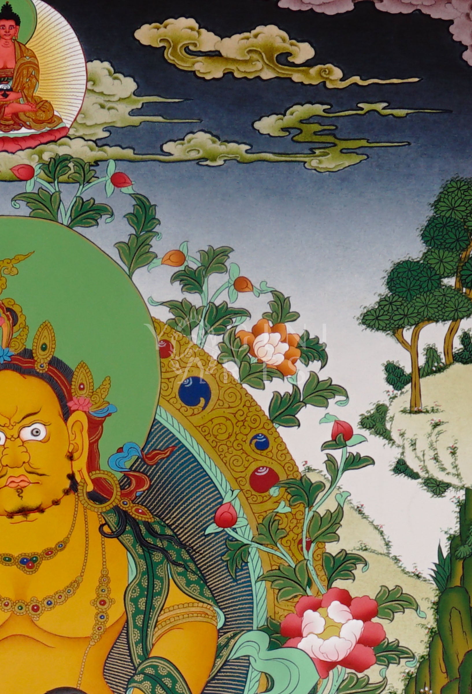Zambhala thangka featuring the Buddhist deity of wealth holding a mongoose spitting jewels surrounded by sacred prosperity symbols