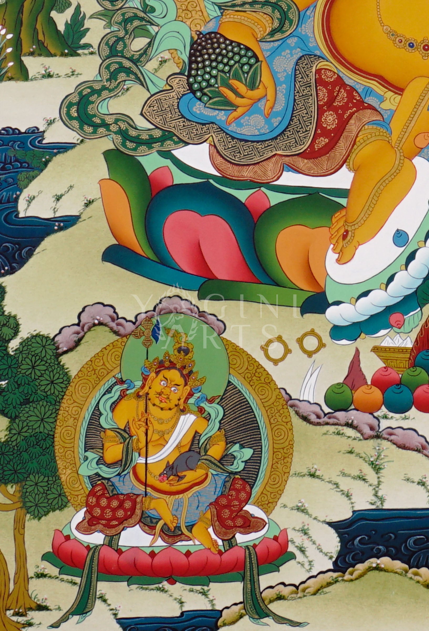 Zambhala thangka featuring the Buddhist deity of wealth holding a mongoose spitting jewels surrounded by sacred prosperity symbols