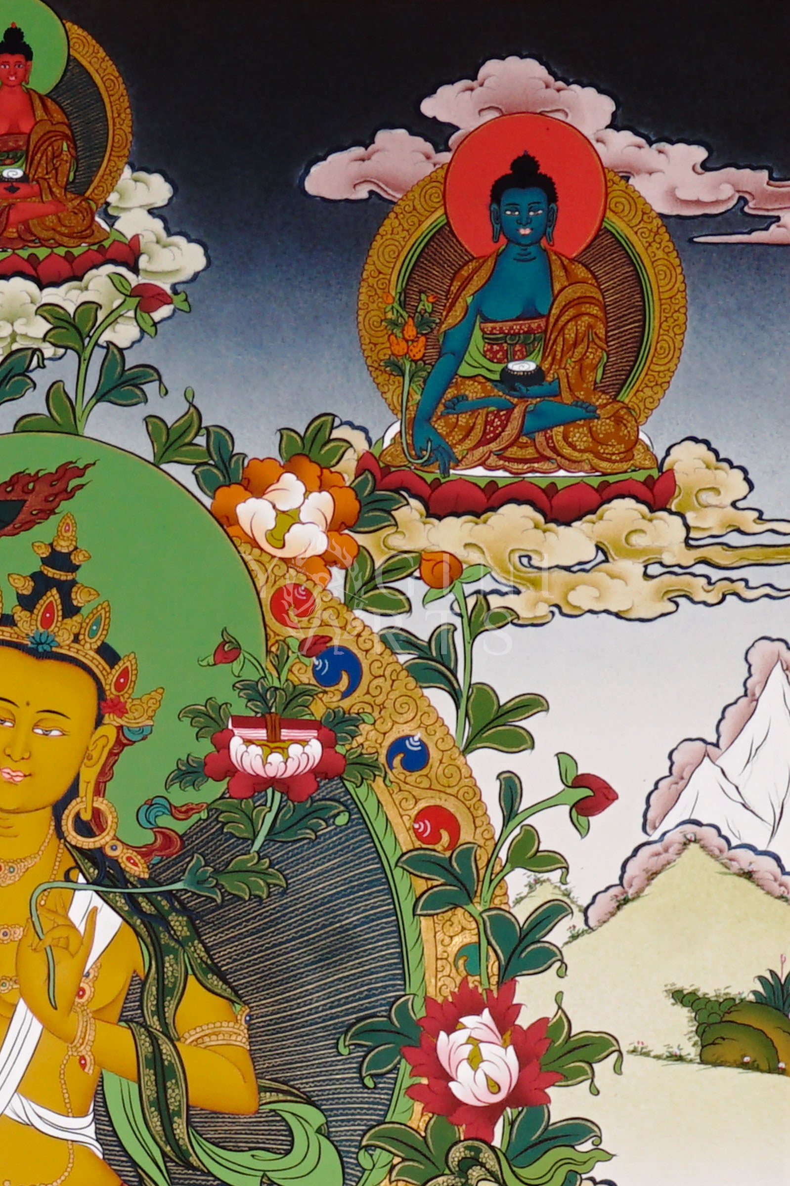 Tibetan Manjushree thangka featuring the Bodhisattva of Wisdom holding a flaming sword and lotus with Prajnaparamita scripture surrounded by Buddhist deities