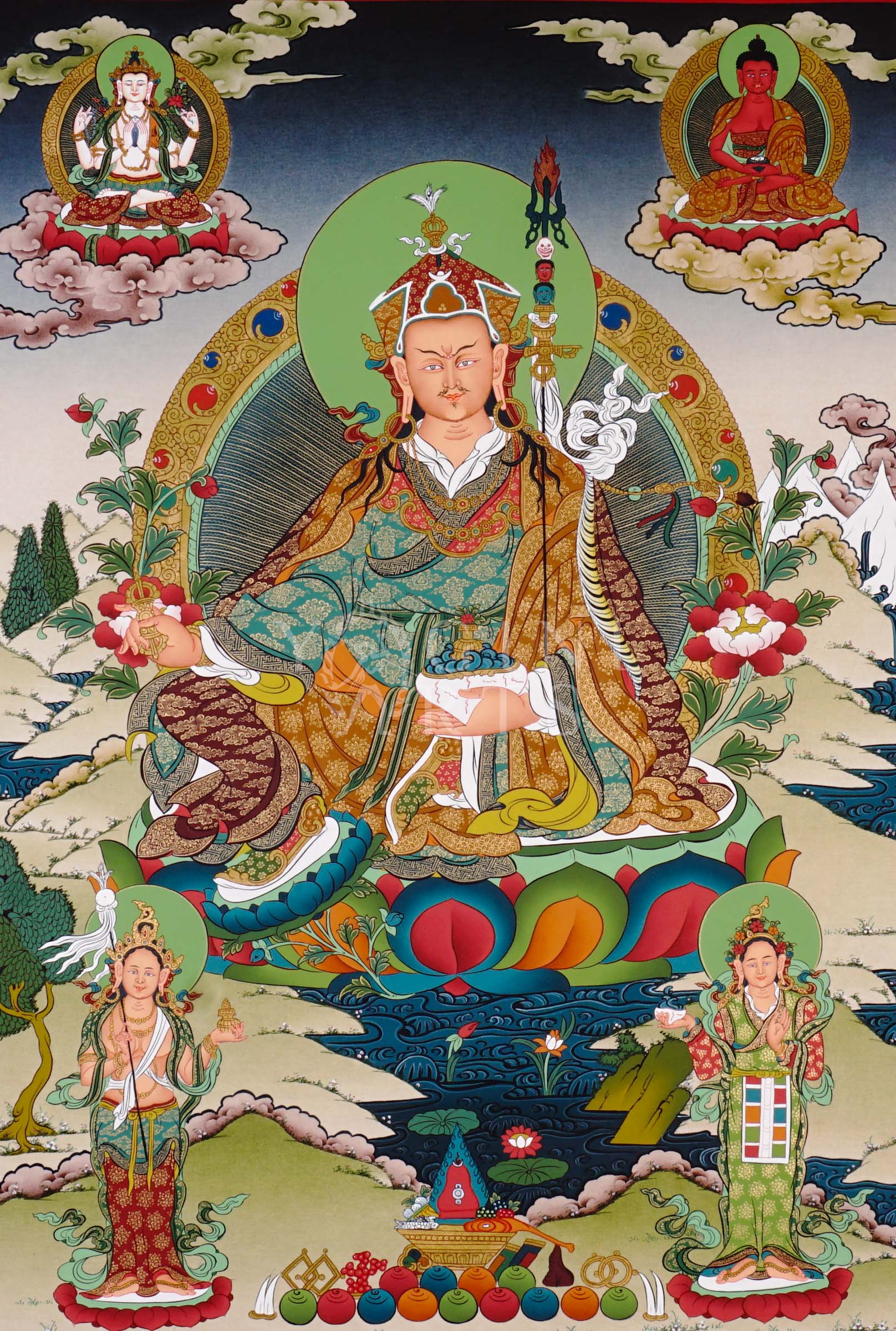 Guru Rinpoche thangka featuring Padmasambhava seated on a lotus throne holding vajra and skull cup surrounded by Buddhist deities and Himalayan scenery