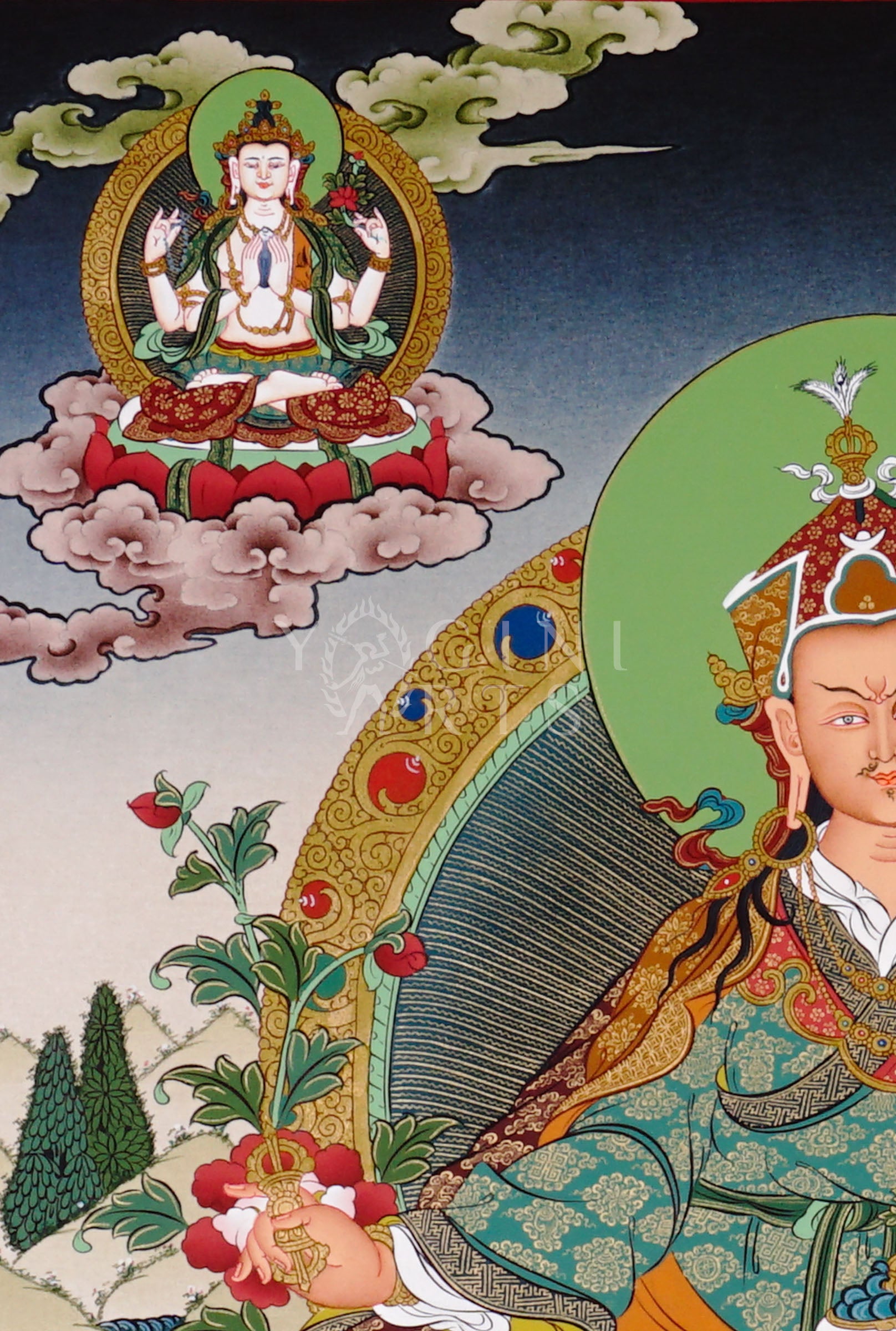 Guru Rinpoche thangka featuring Padmasambhava seated on a lotus throne holding vajra and skull cup surrounded by Buddhist deities and Himalayan scenery