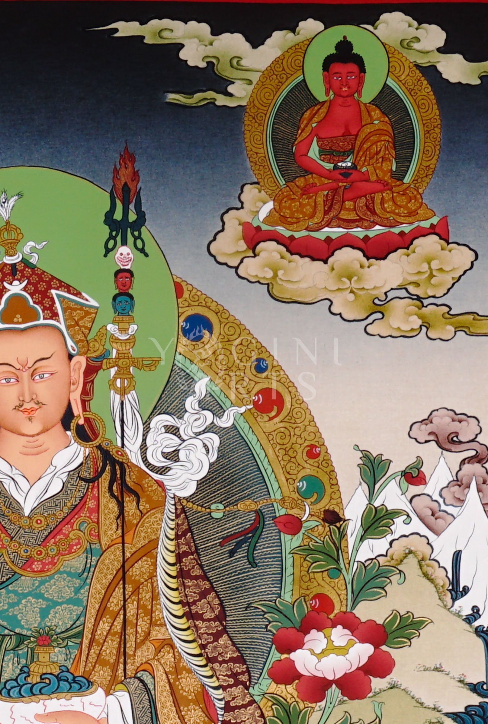 Guru Rinpoche thangka featuring Padmasambhava seated on a lotus throne holding vajra and skull cup surrounded by Buddhist deities and Himalayan scenery
