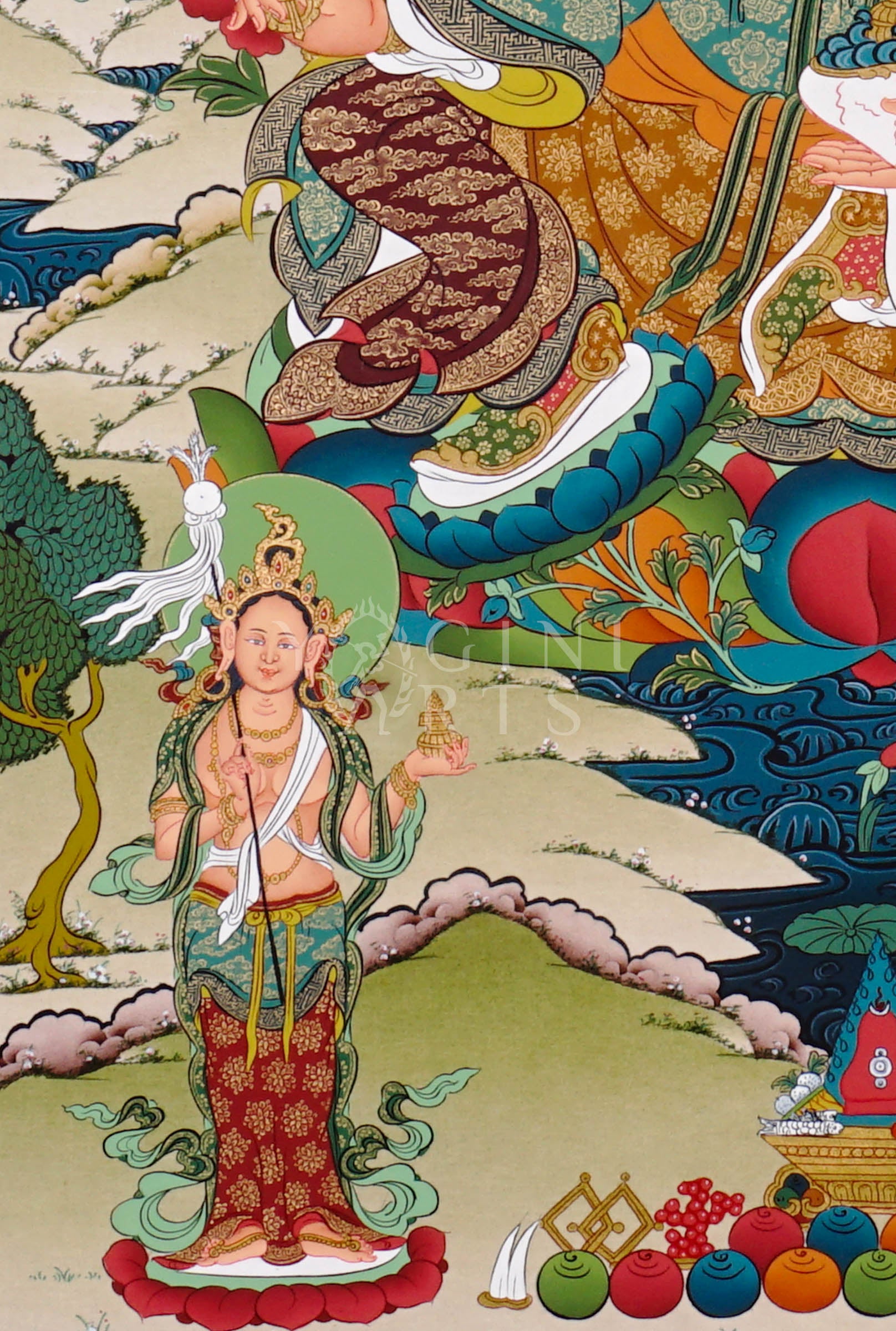 Guru Rinpoche thangka featuring Padmasambhava seated on a lotus throne holding vajra and skull cup surrounded by Buddhist deities and Himalayan scenery