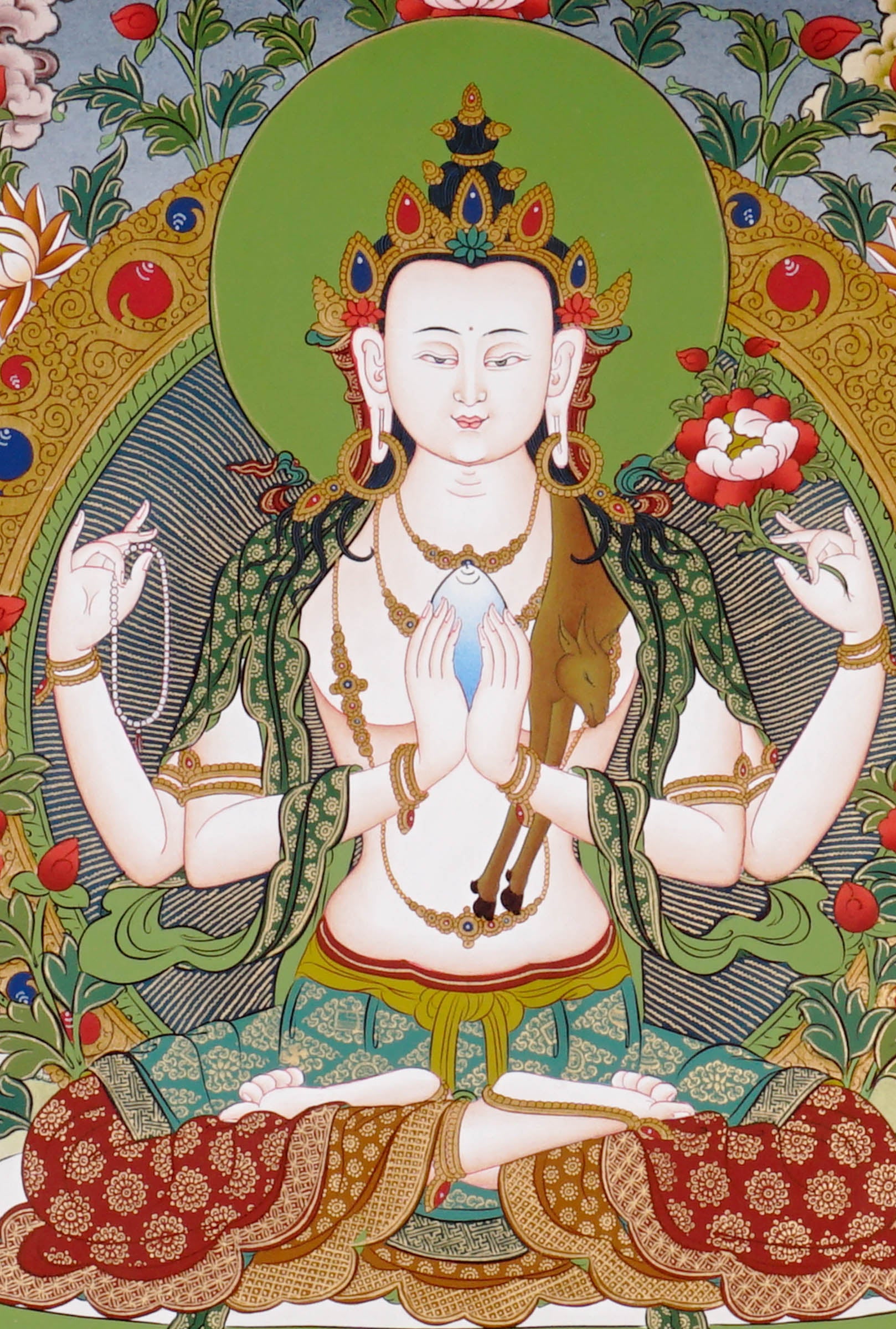 Chenrezig thangka featuring the four-armed Bodhisattva of Compassion seated on a lotus throne surrounded by sacred Buddhist figures and Himalayan scenery