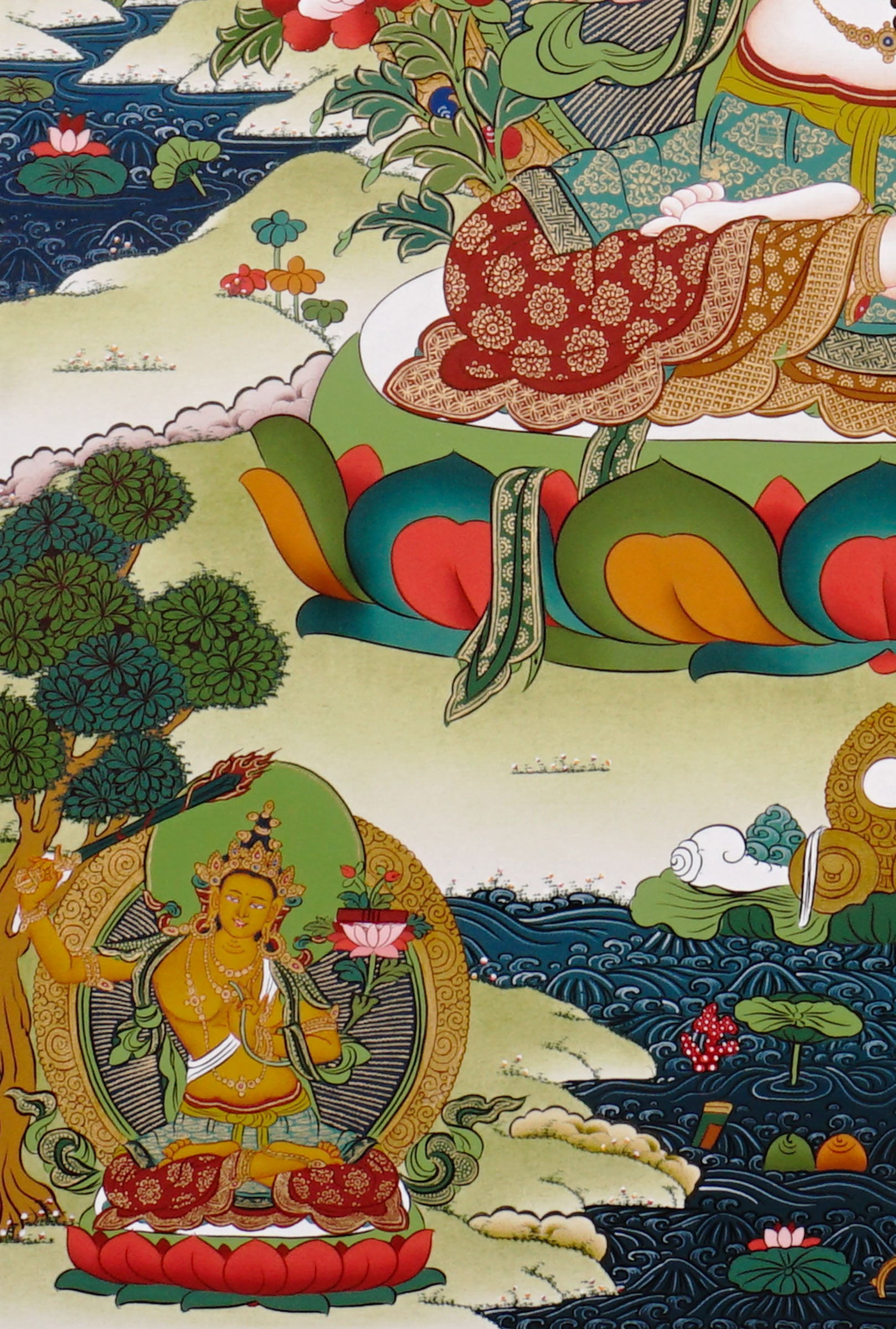 Chenrezig thangka featuring the four-armed Bodhisattva of Compassion seated on a lotus throne surrounded by sacred Buddhist figures and Himalayan scenery