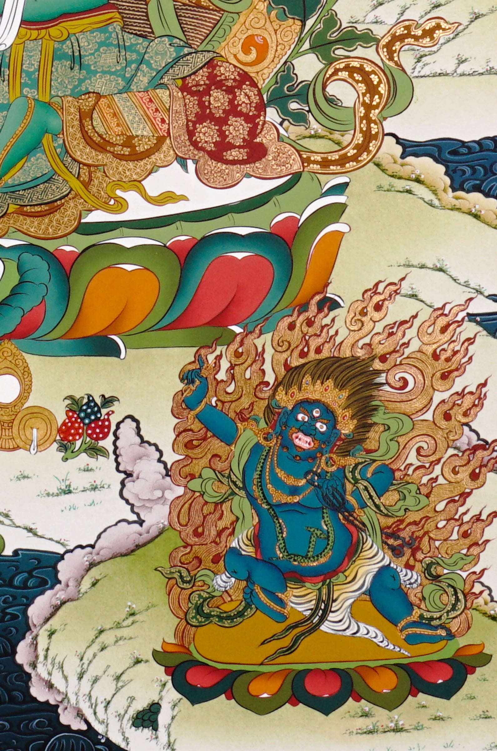 Hand-painted Tibetan Green Tara thangka featuring the Buddhist goddess seated on a lotus throne surrounded by sacred deities and floral Himalayan scenery