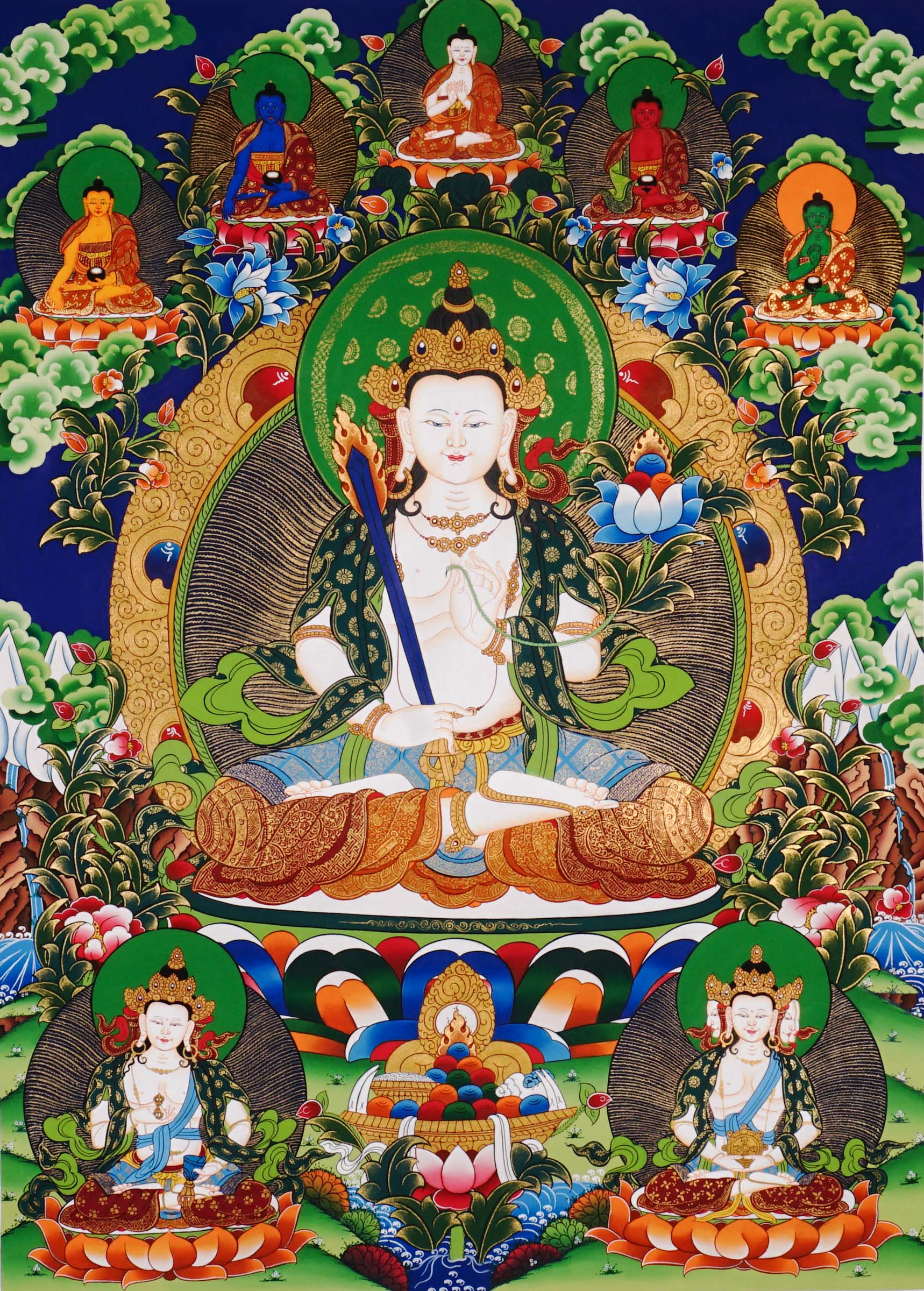 Hand-painted Akash Garva Tibetan thangka featuring the Buddhist wisdom bodhisattva seated on a lotus throne with sacred sword and celestial Buddhas