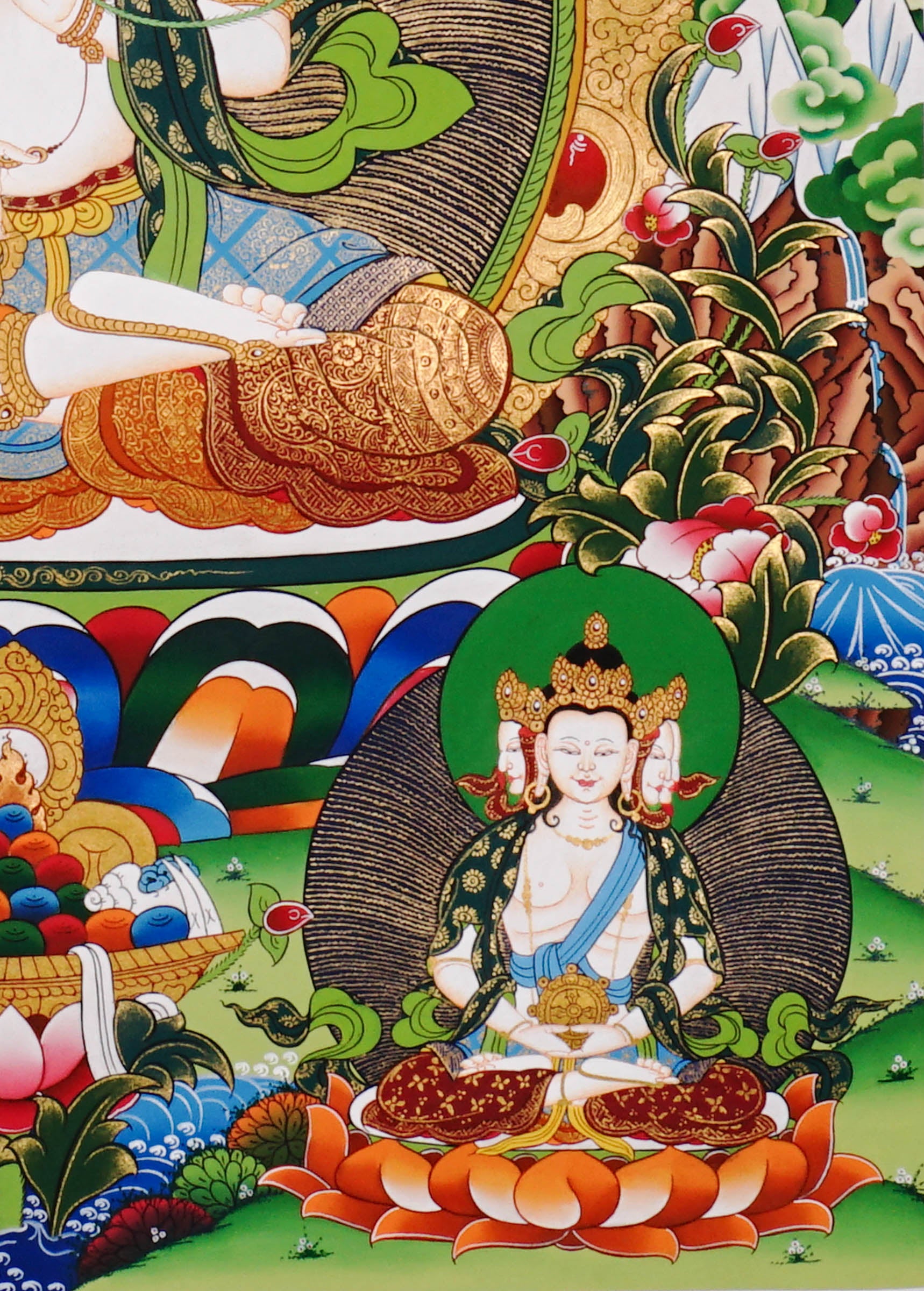 Hand-painted Akash Garva Tibetan thangka featuring the Buddhist wisdom bodhisattva seated on a lotus throne with sacred sword and celestial Buddhas