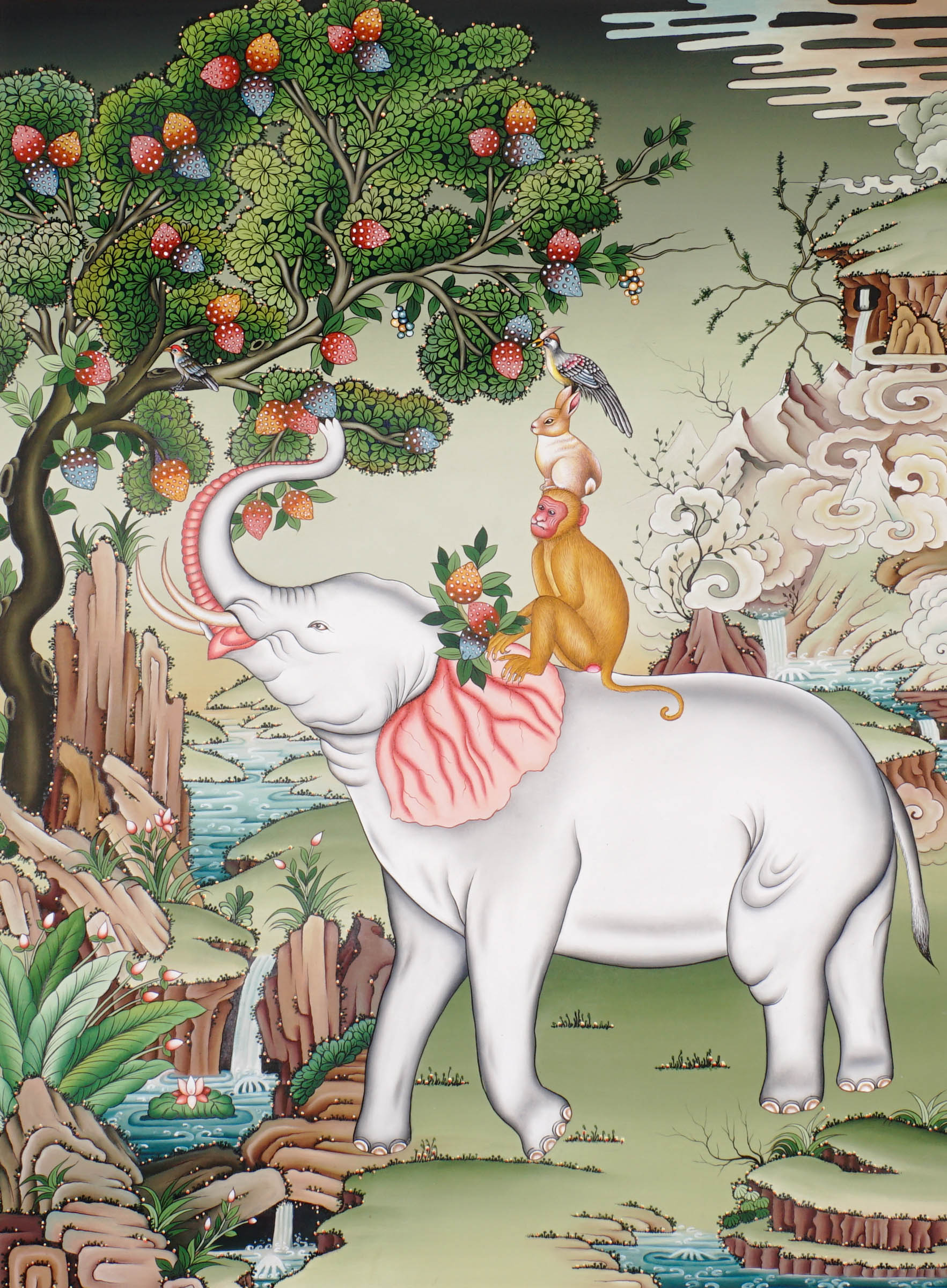 Traditional Tibetan Four Harmonious Friends painting featuring a white elephant, monkey, rabbit, and bird beneath a fruit tree in a peaceful Himalayan landscape