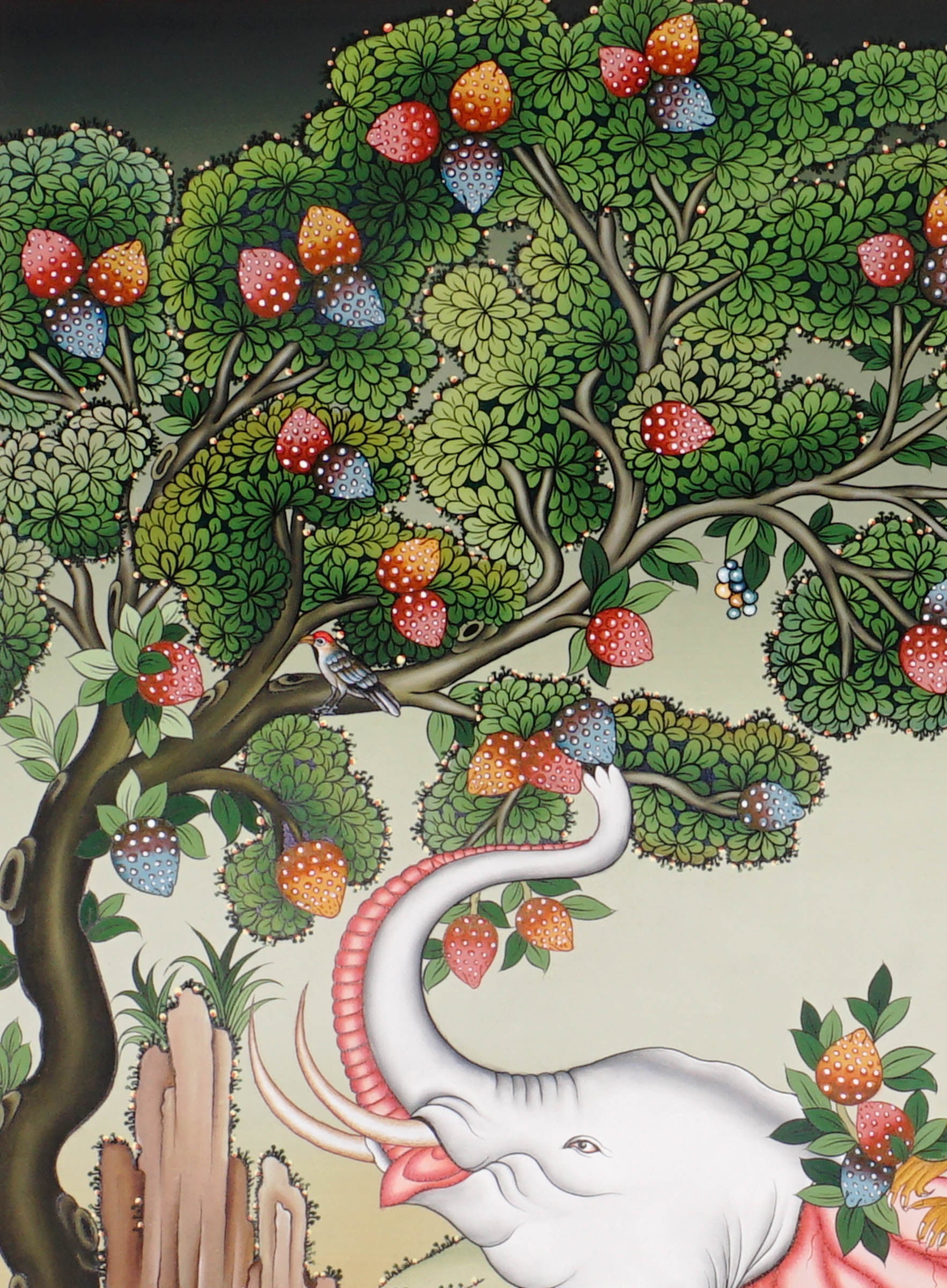 Traditional Tibetan Four Harmonious Friends painting featuring a white elephant, monkey, rabbit, and bird beneath a fruit tree in a peaceful Himalayan landscape