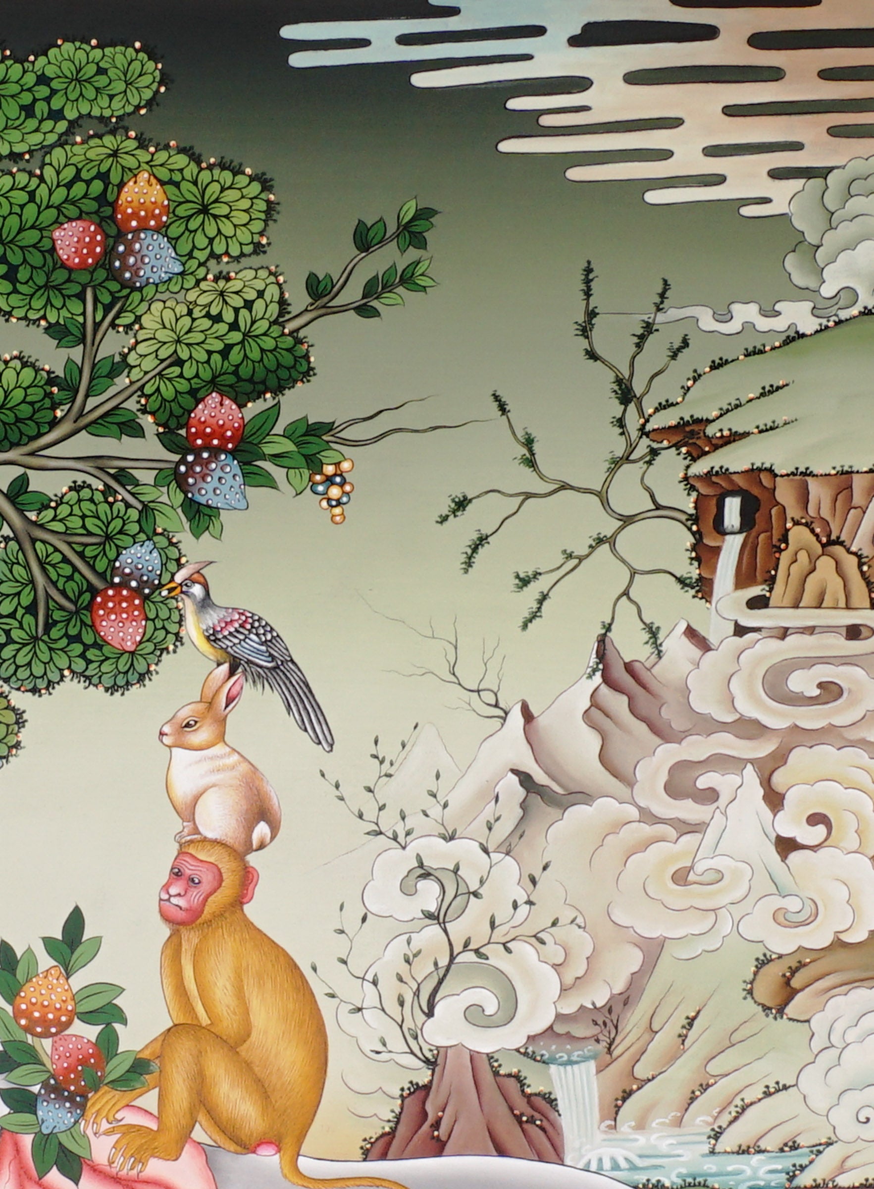 Traditional Tibetan Four Harmonious Friends painting featuring a white elephant, monkey, rabbit, and bird beneath a fruit tree in a peaceful Himalayan landscape