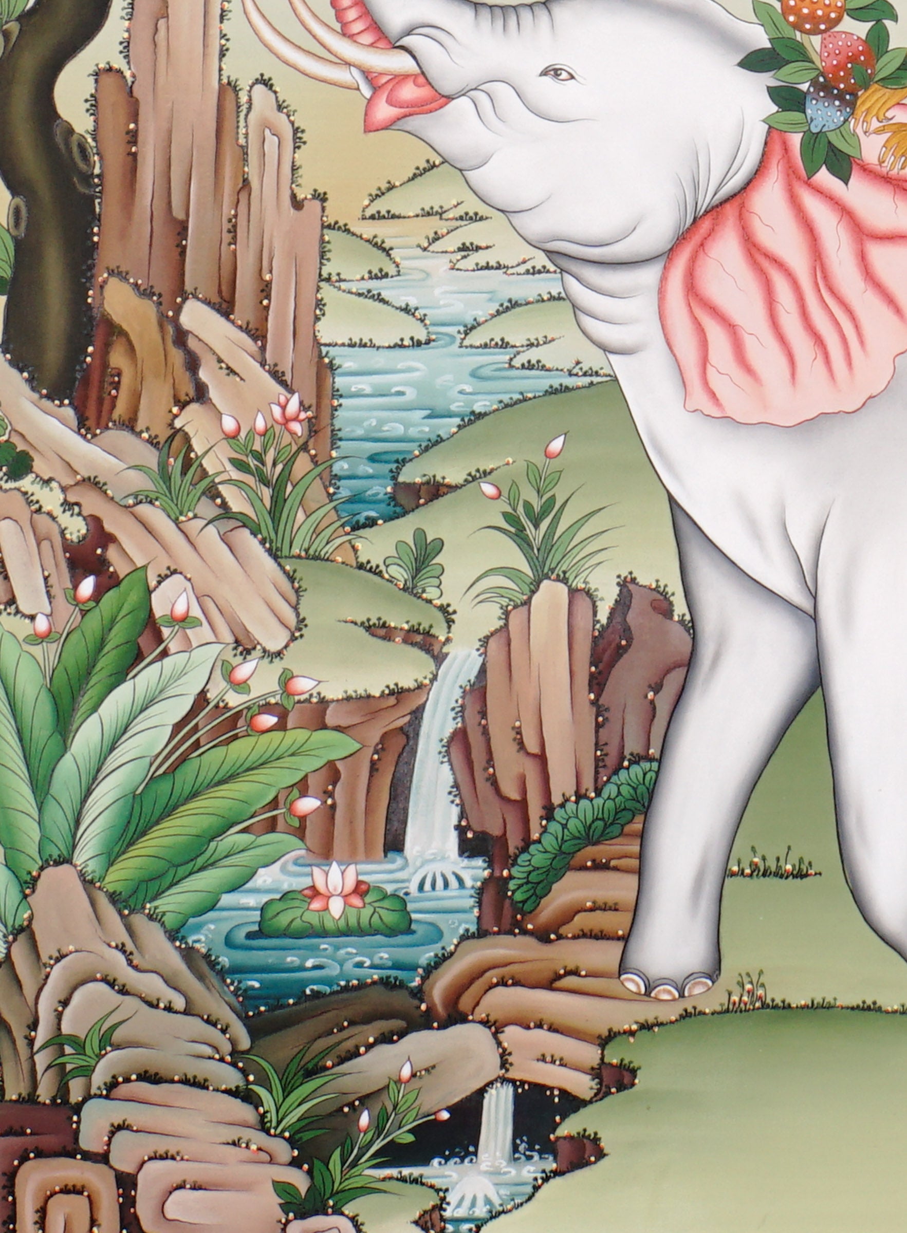 Traditional Tibetan Four Harmonious Friends painting featuring a white elephant, monkey, rabbit, and bird beneath a fruit tree in a peaceful Himalayan landscape