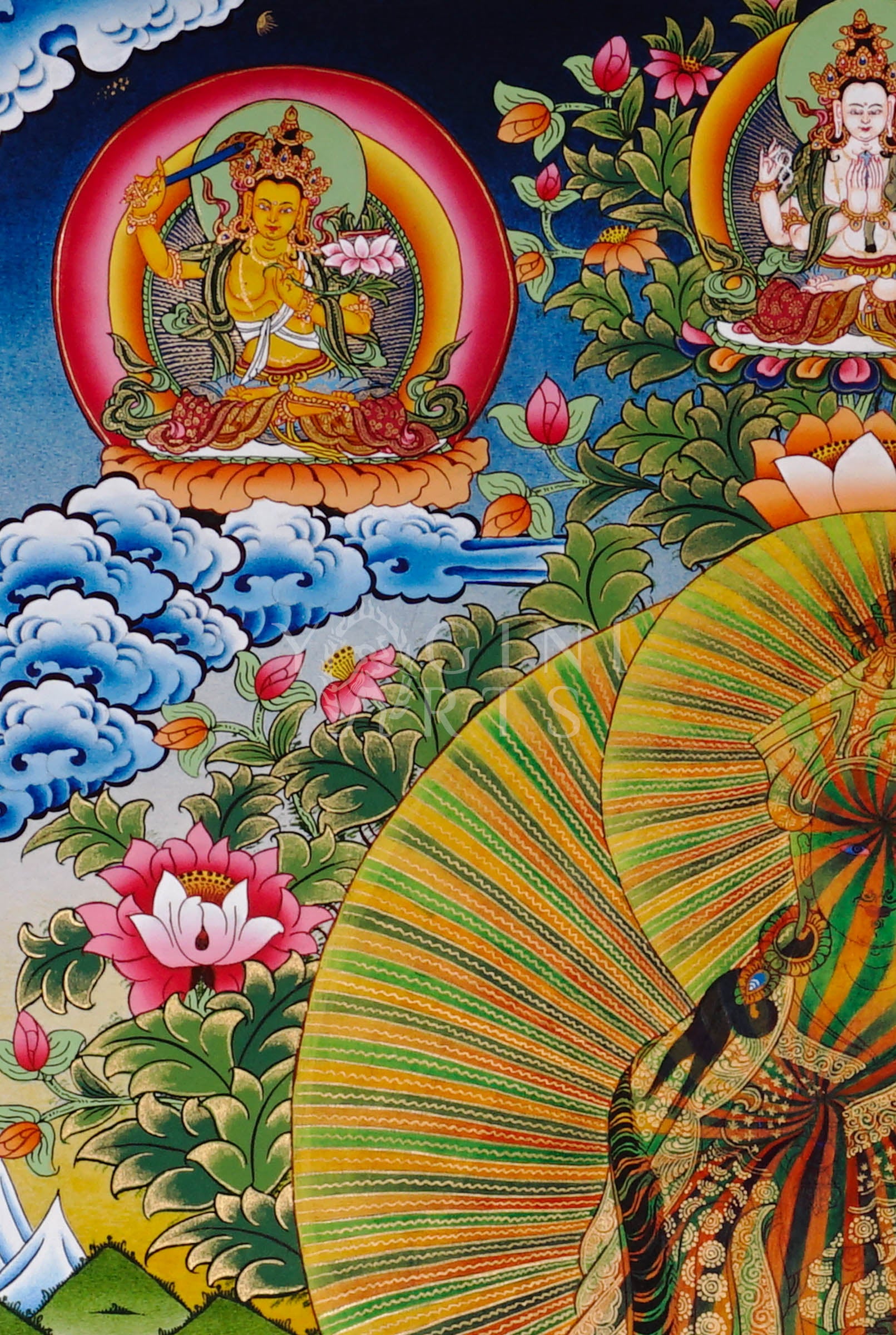 Rainbow Guru Tibetan Buddhist thangka featuring radiant rainbow aura surrounded by lotus flowers and celestial deities