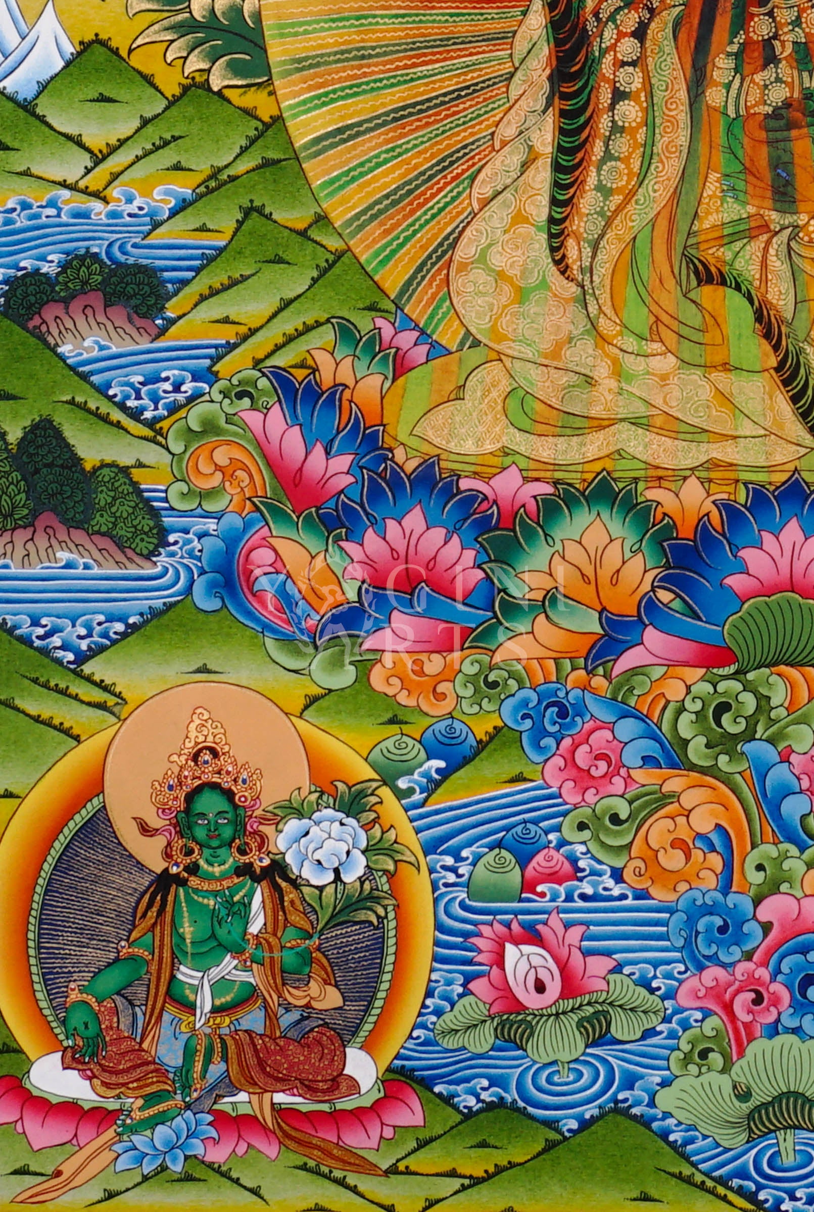 Rainbow Guru Tibetan Buddhist thangka featuring radiant rainbow aura surrounded by lotus flowers and celestial deities