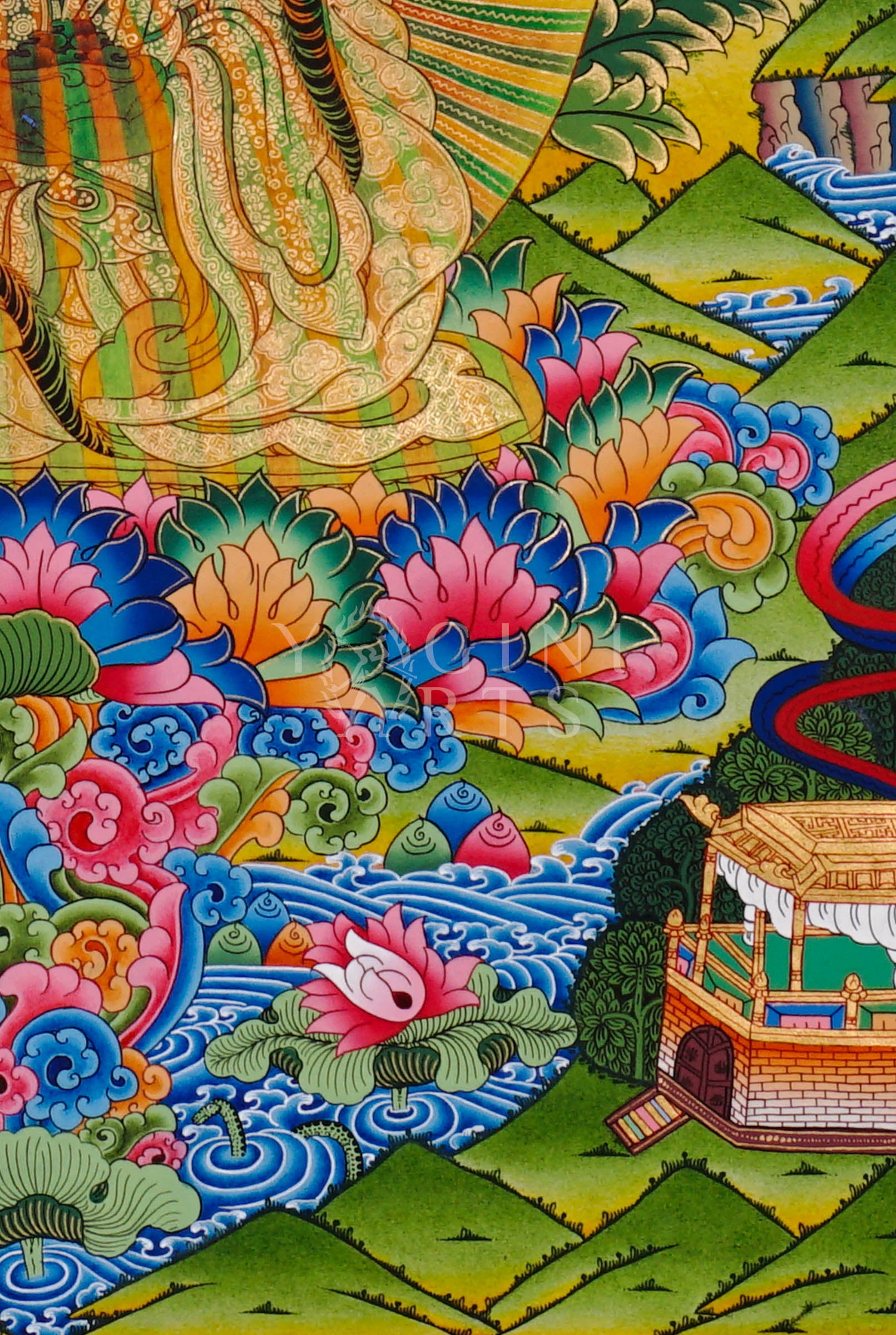 Rainbow Guru Tibetan Buddhist thangka featuring radiant rainbow aura surrounded by lotus flowers and celestial deities