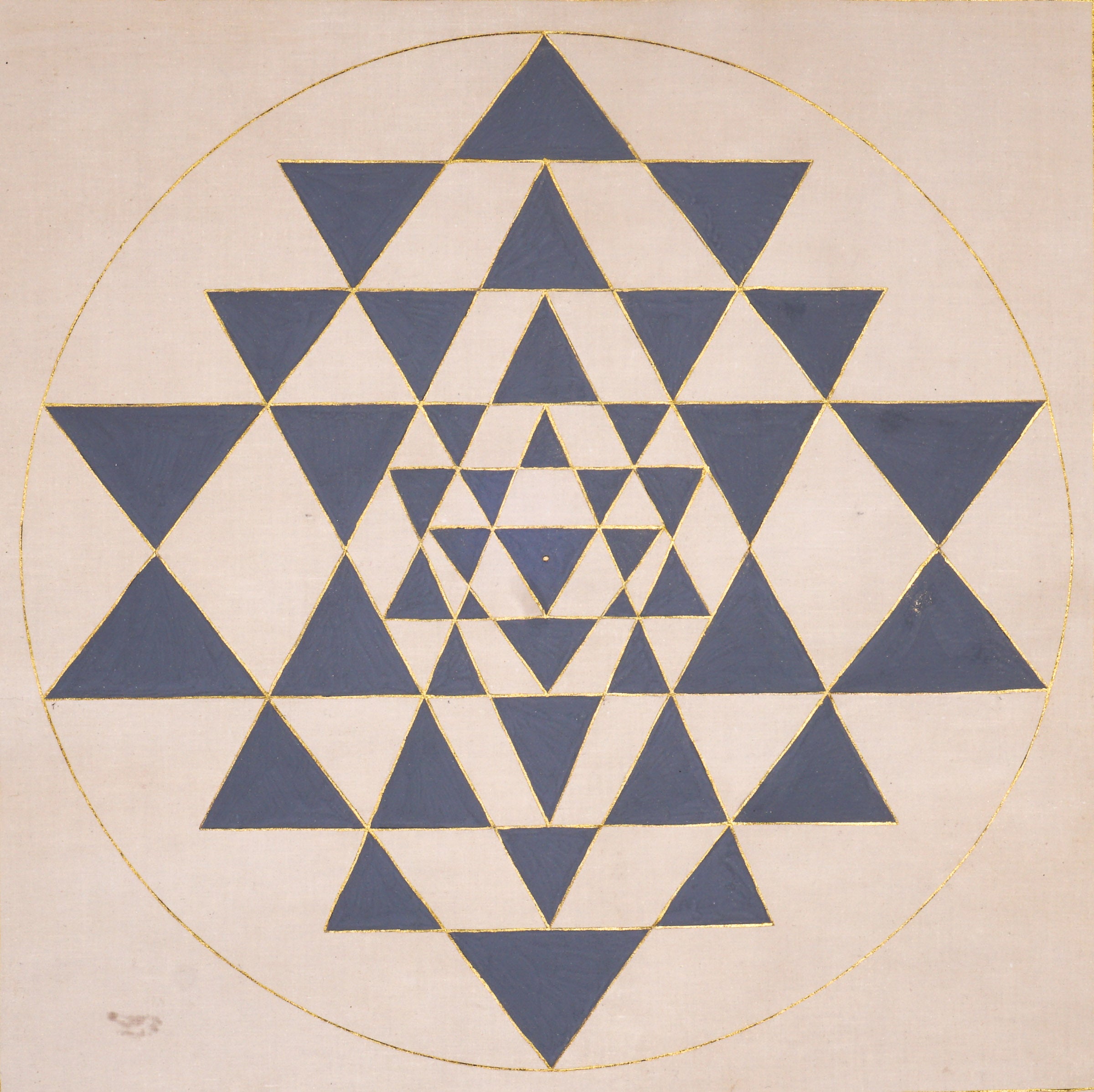 Shree Yantra sacred geometry artwork featuring interlocking blue triangles and gold outlines within a circular mandala