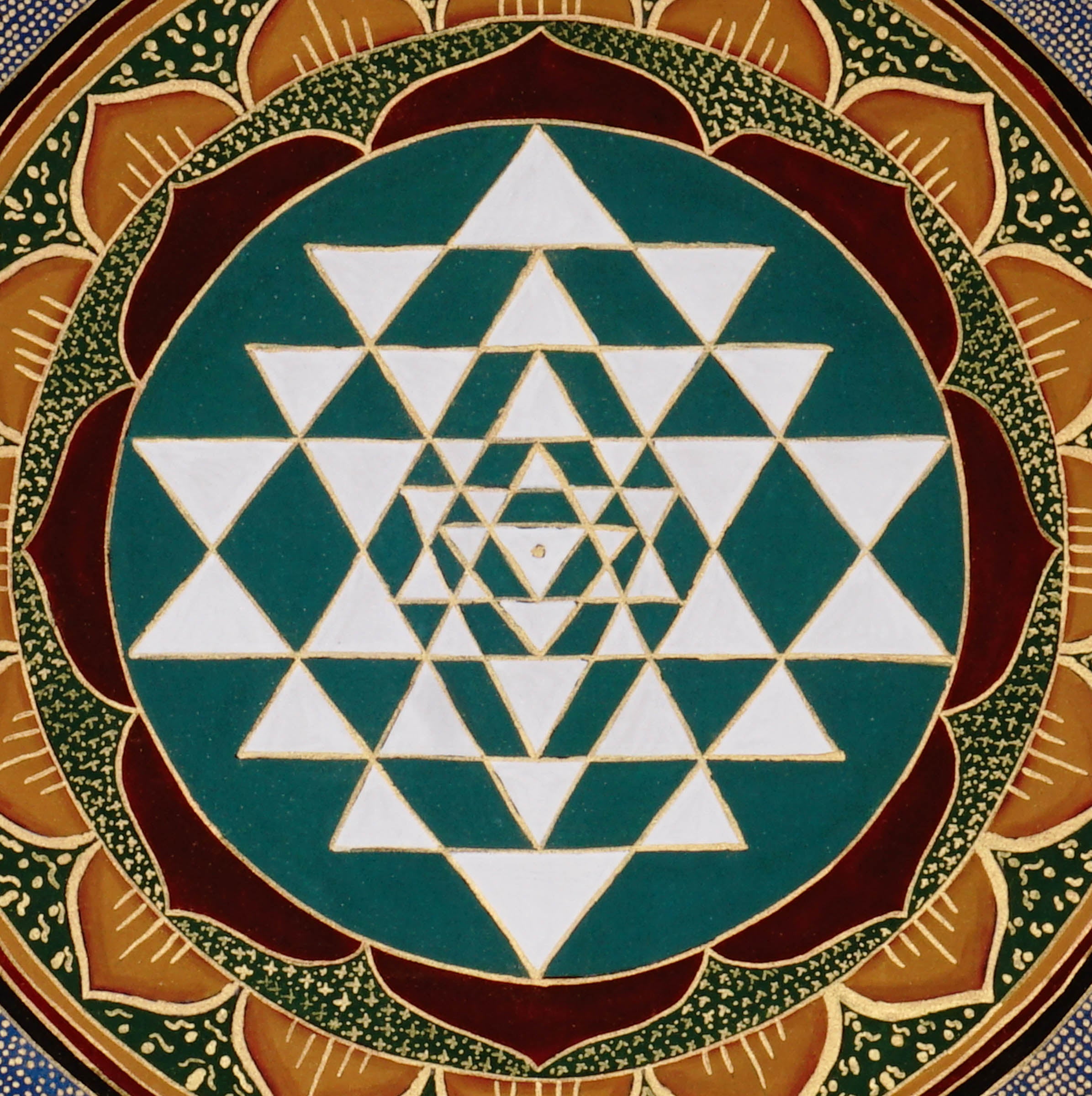 Hand-painted Shree Yantra mandala artwork featuring sacred geometric triangles within a lotus circle and red Tantric border