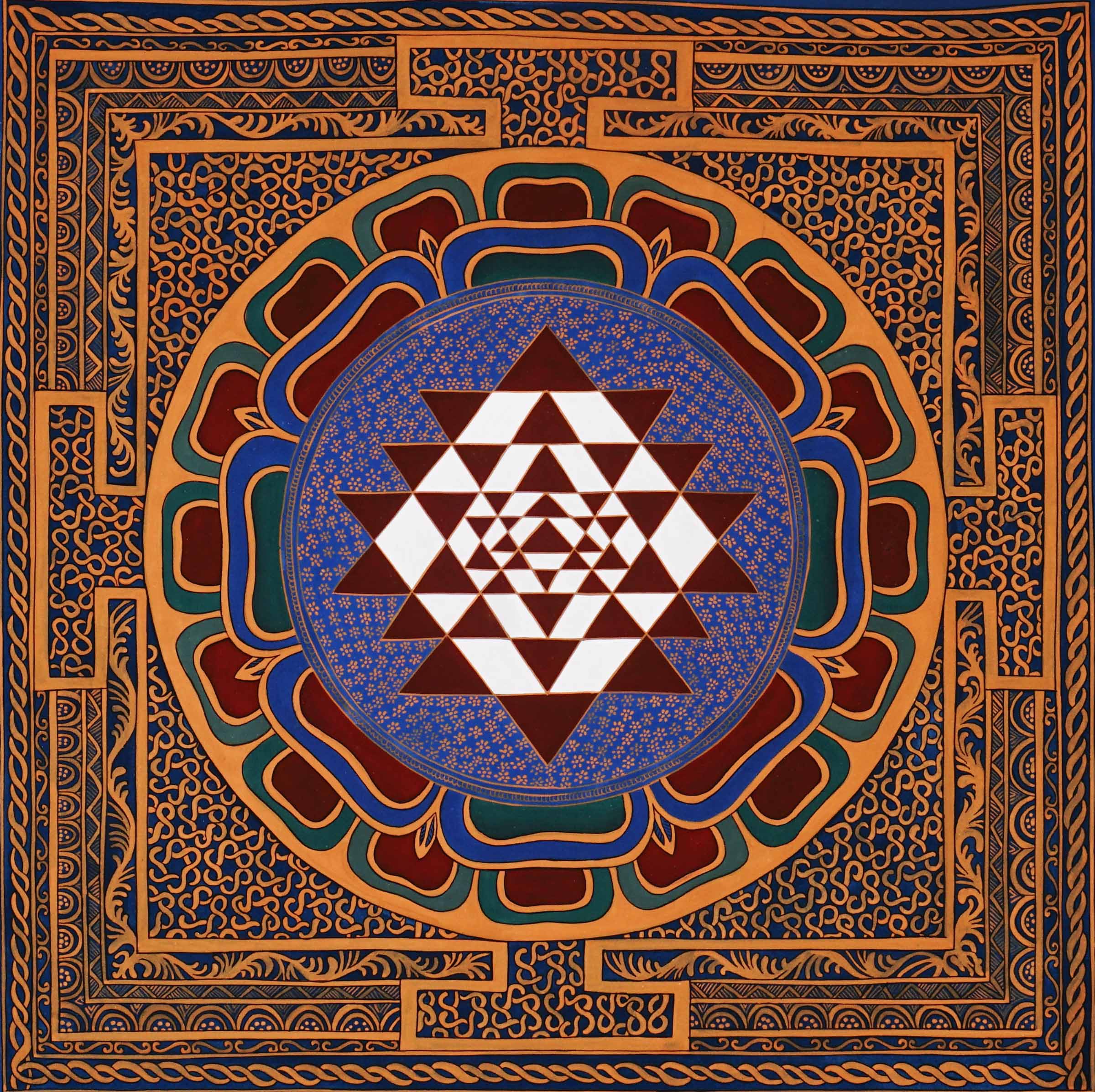Hand-painted Shree Yantra lotus mandala featuring sacred geometric triangles within an ornate Tantric decorative border
