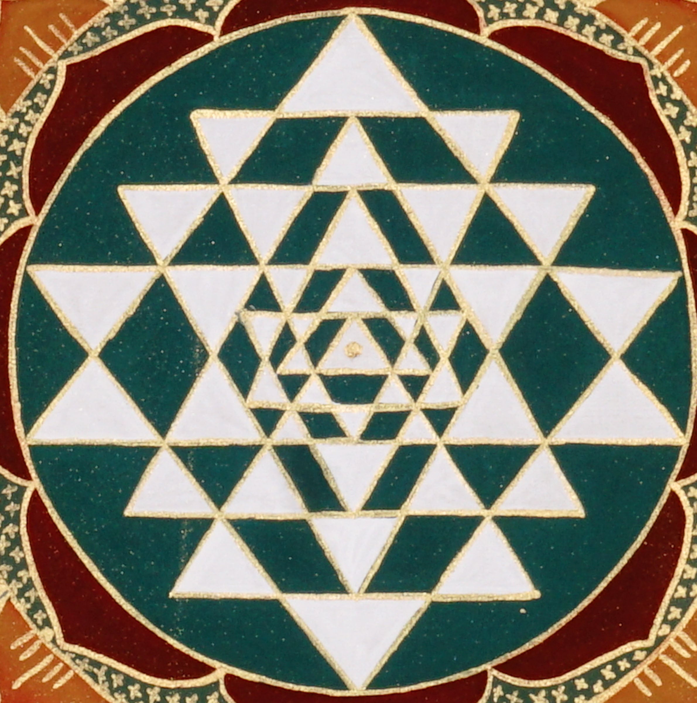 Hand-painted Shree Yantra mandala featuring sacred geometric triangles within a red Tantric border and lotus circle
