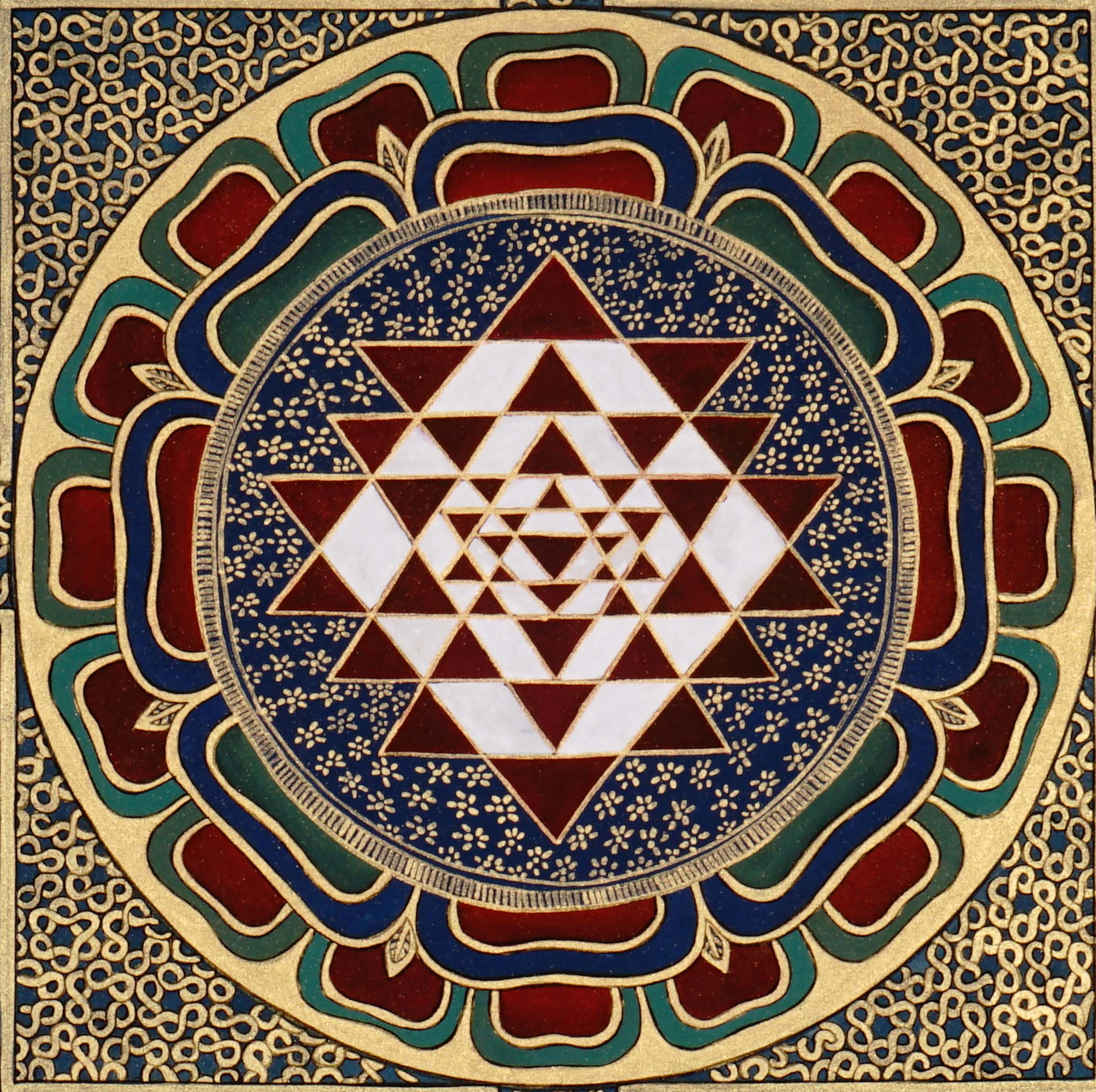 Hand-painted traditional Shree Yantra mandala with sacred geometric triangles, lotus layers, and intricate gold-style ornamental borders