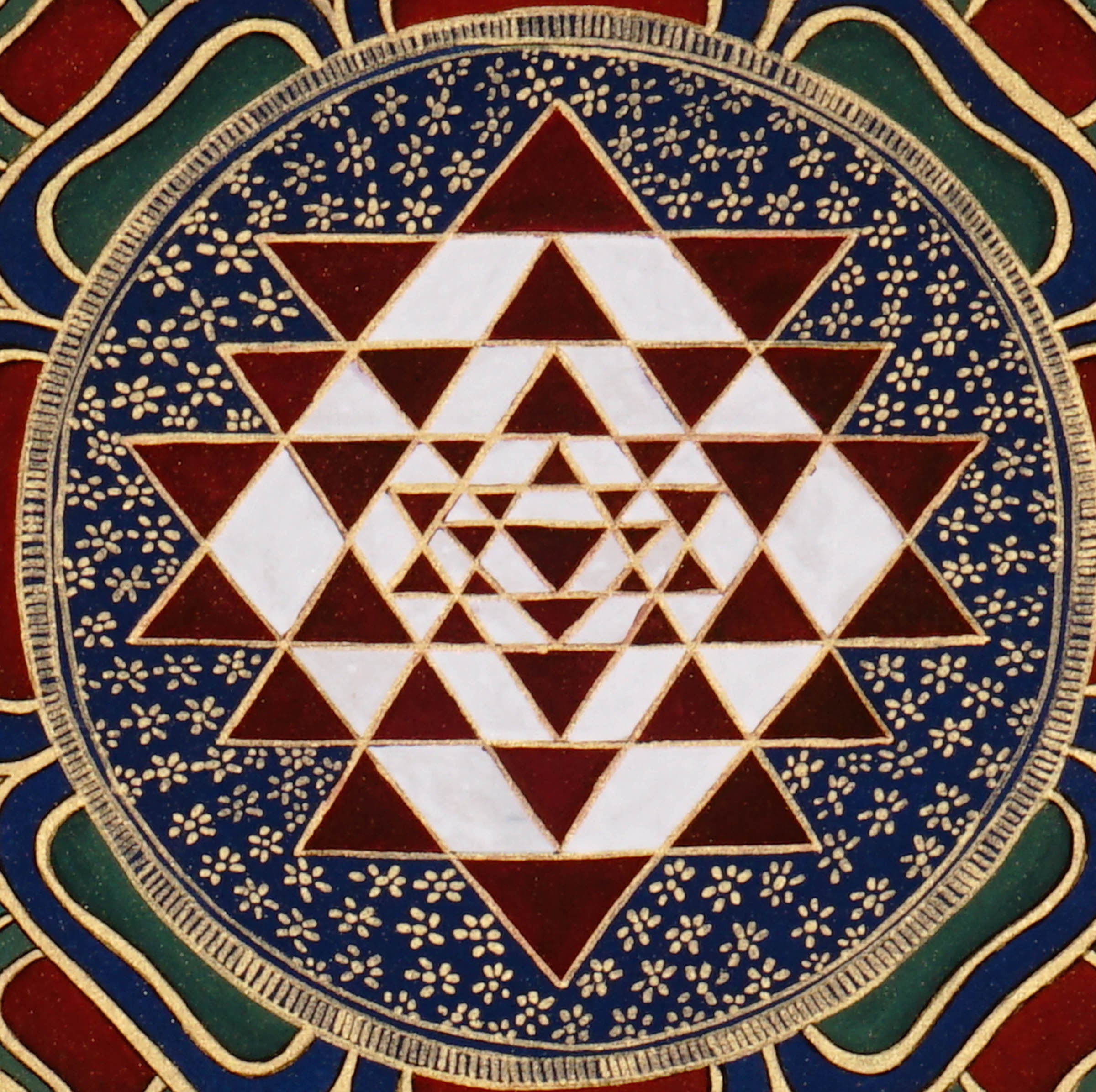 Hand-painted traditional Shree Yantra mandala with sacred geometric triangles, lotus layers, and intricate gold-style ornamental borders