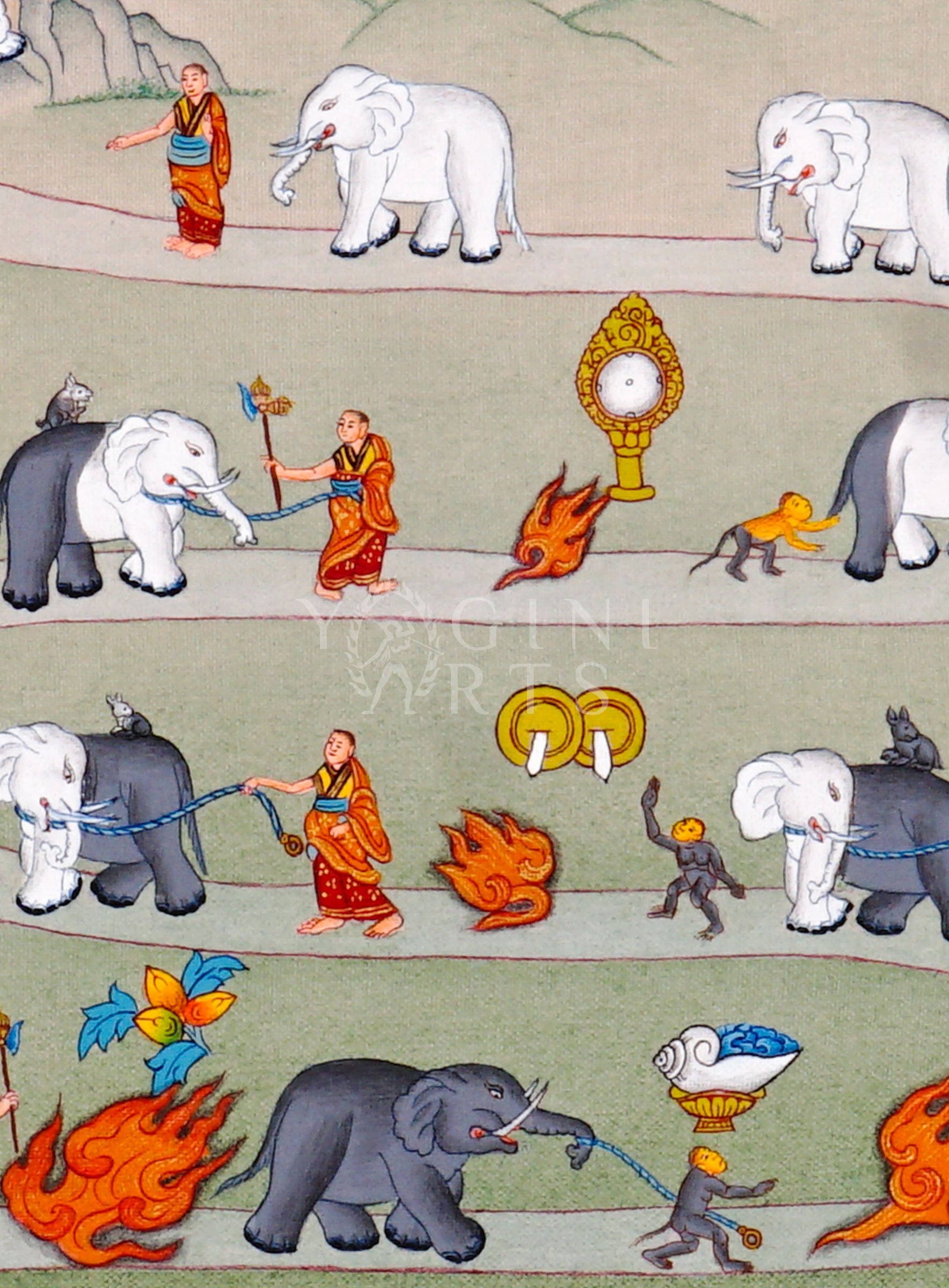 Way to Heaven thangka featuring monks guiding elephants along symbolic spiritual pathway
