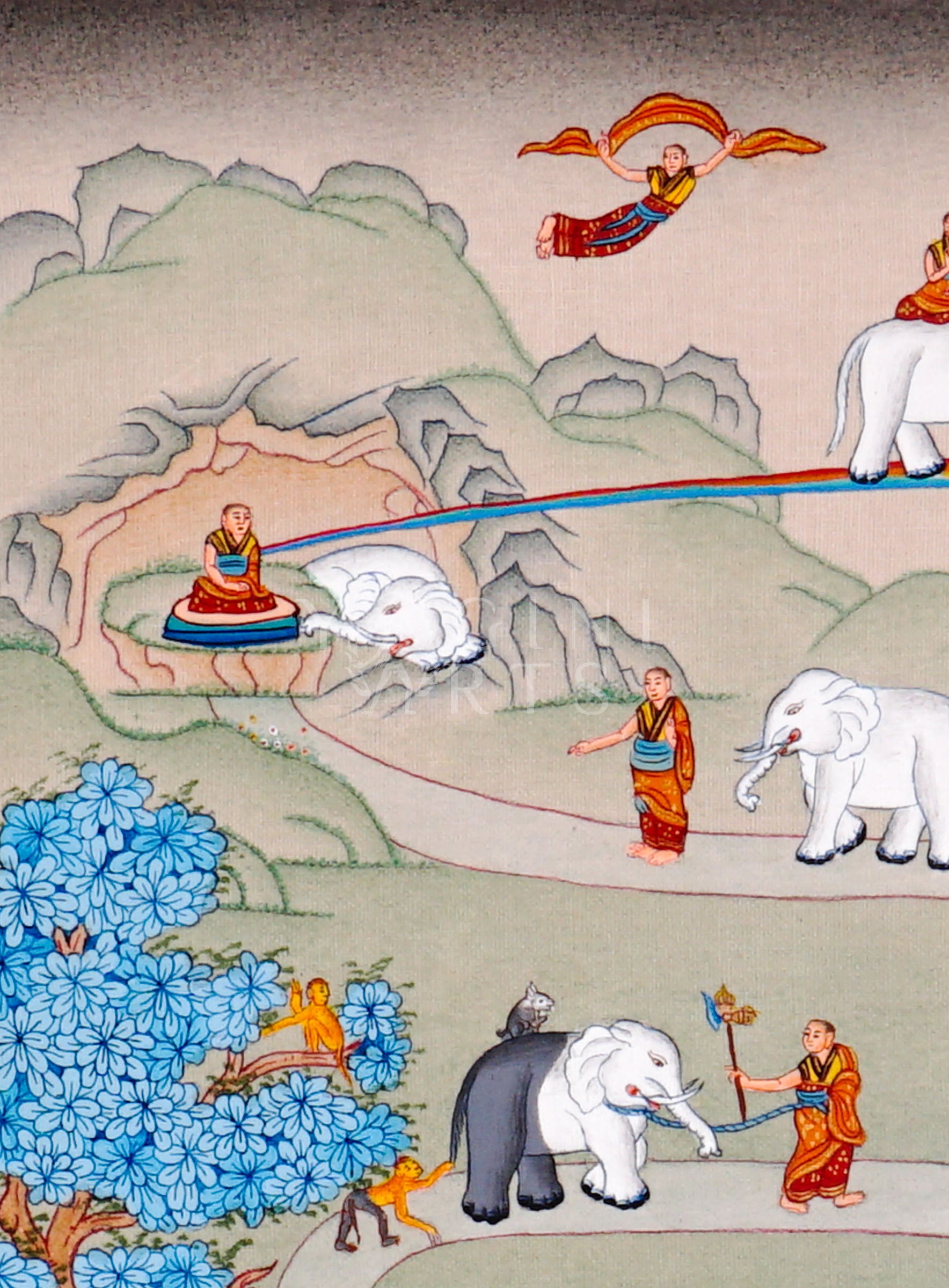 Way to Heaven thangka featuring monks guiding elephants along symbolic spiritual pathway