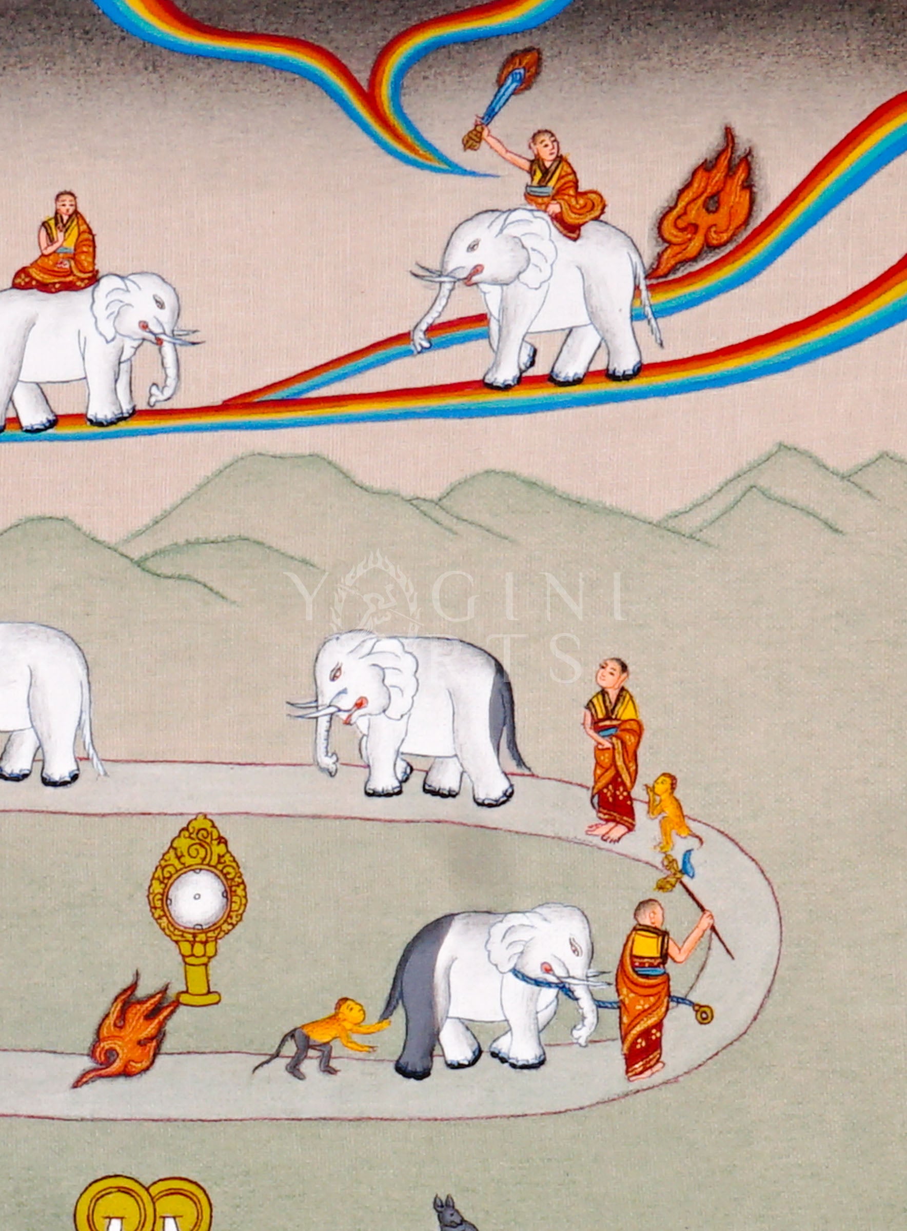 Way to Heaven thangka featuring monks guiding elephants along symbolic spiritual pathway