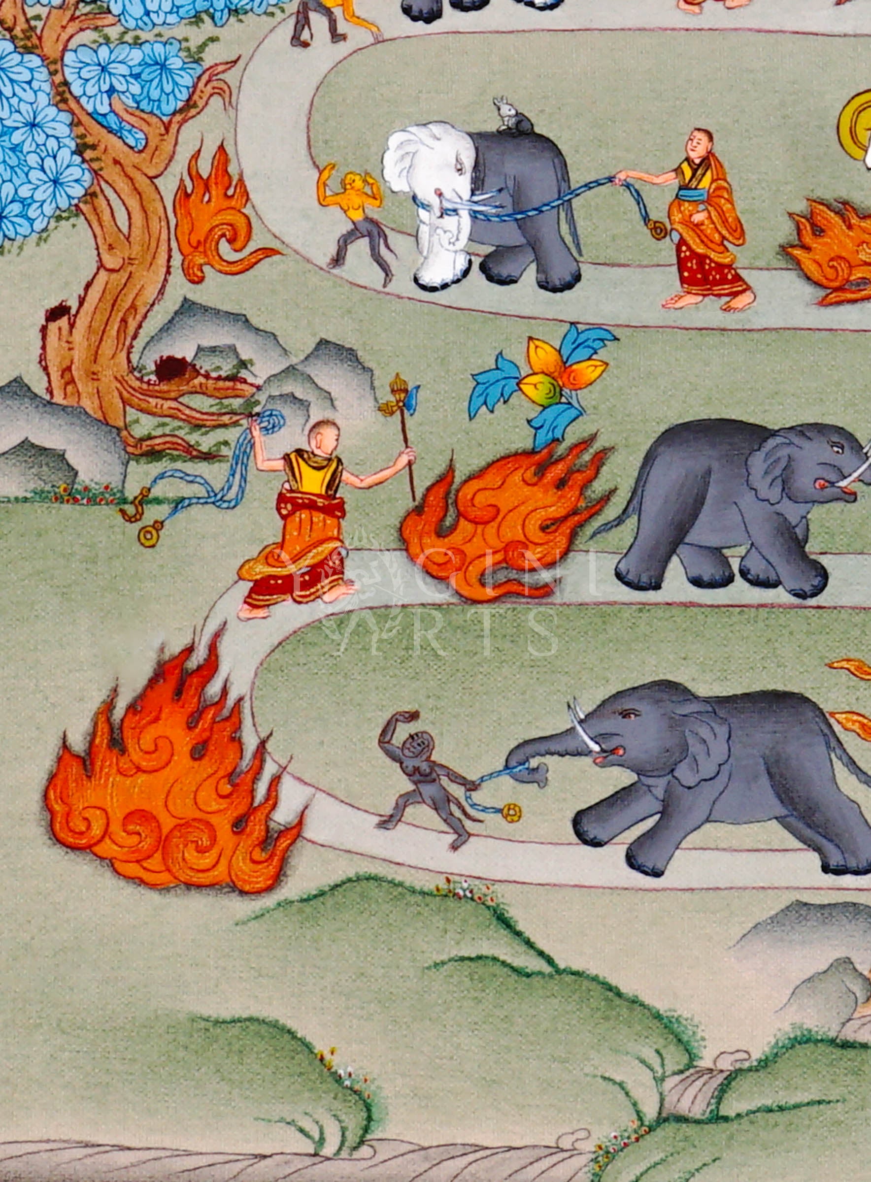 Way to Heaven thangka featuring monks guiding elephants along symbolic spiritual pathway