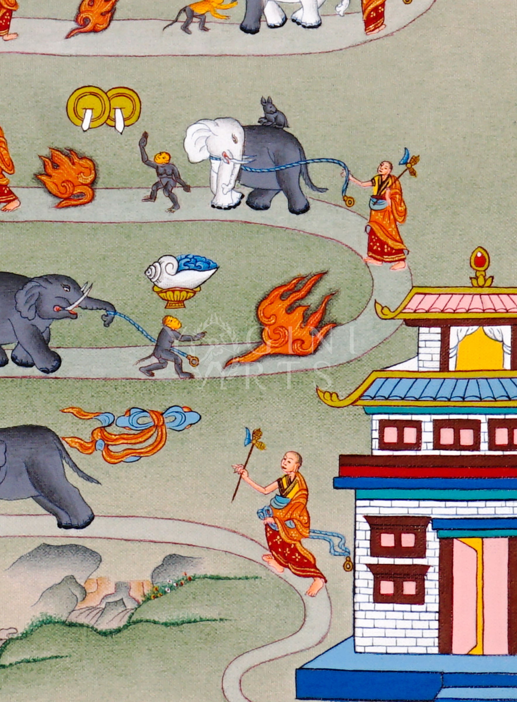 Way to Heaven thangka featuring monks guiding elephants along symbolic spiritual pathway