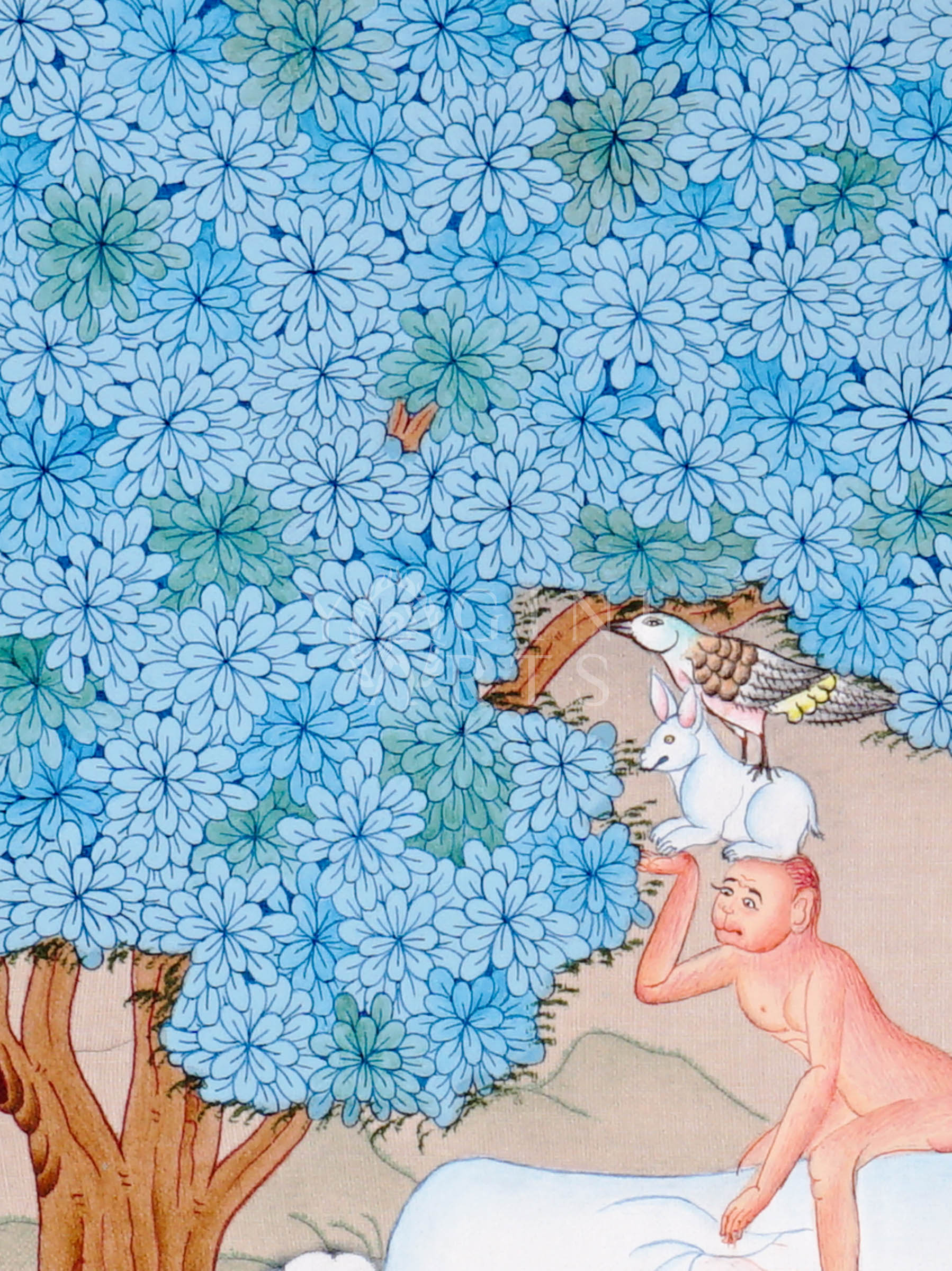 Four Harmonious Friends Tibetan thangka featuring elephant, monkey, rabbit, and bird beneath blue flowering tree