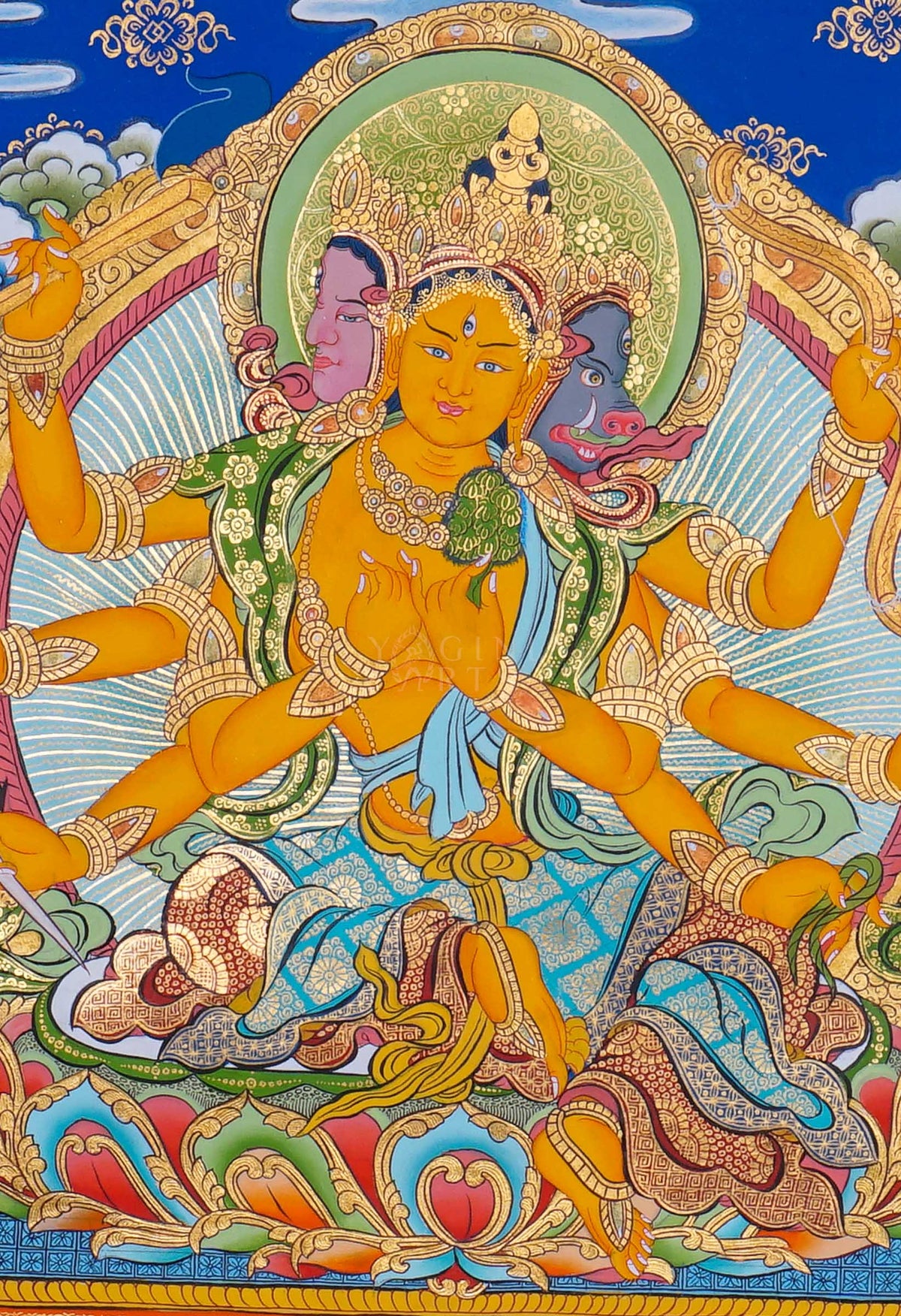 Marichi Tibetan Buddhist Thangka painting with seven pig chariot, hand painted in Nepal