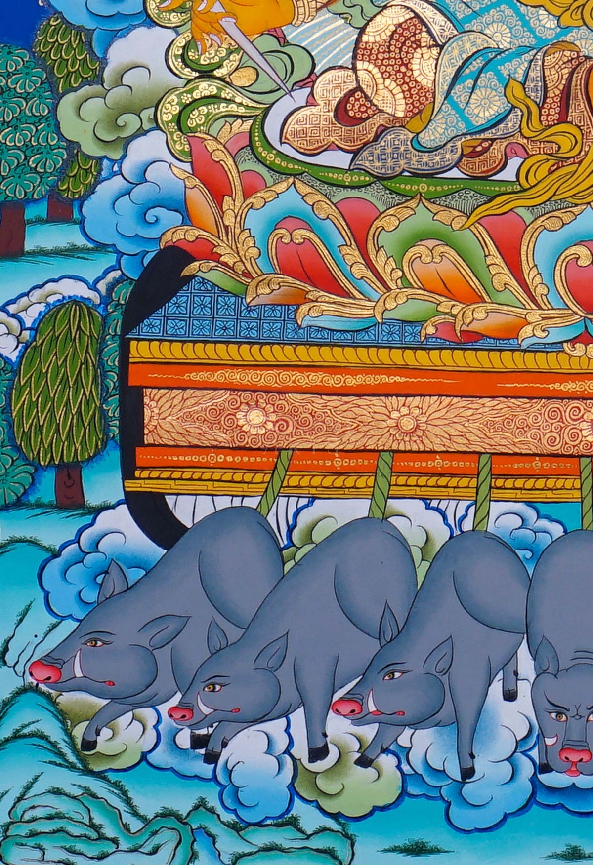 Marichi Tibetan Buddhist Thangka painting with seven pig chariot, hand painted in Nepal