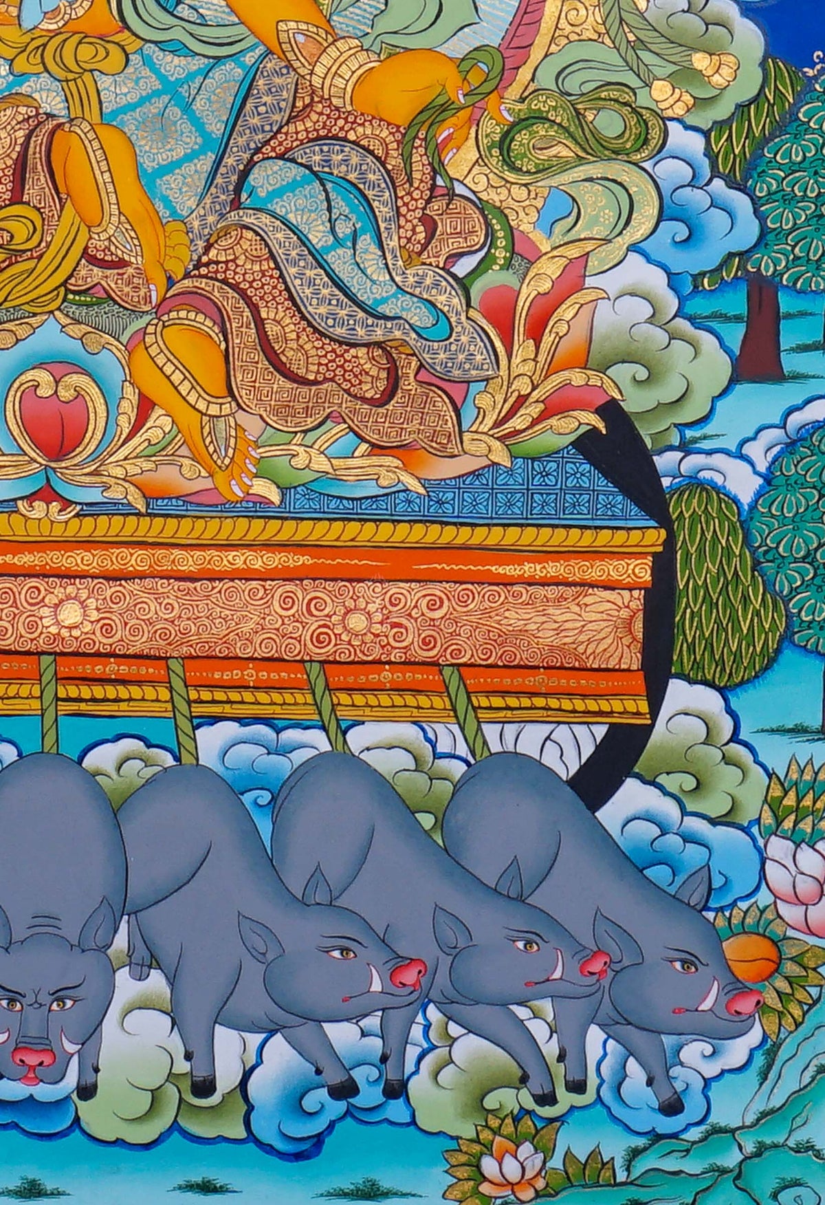 Marichi Tibetan Buddhist Thangka painting with seven pig chariot, hand painted in Nepal