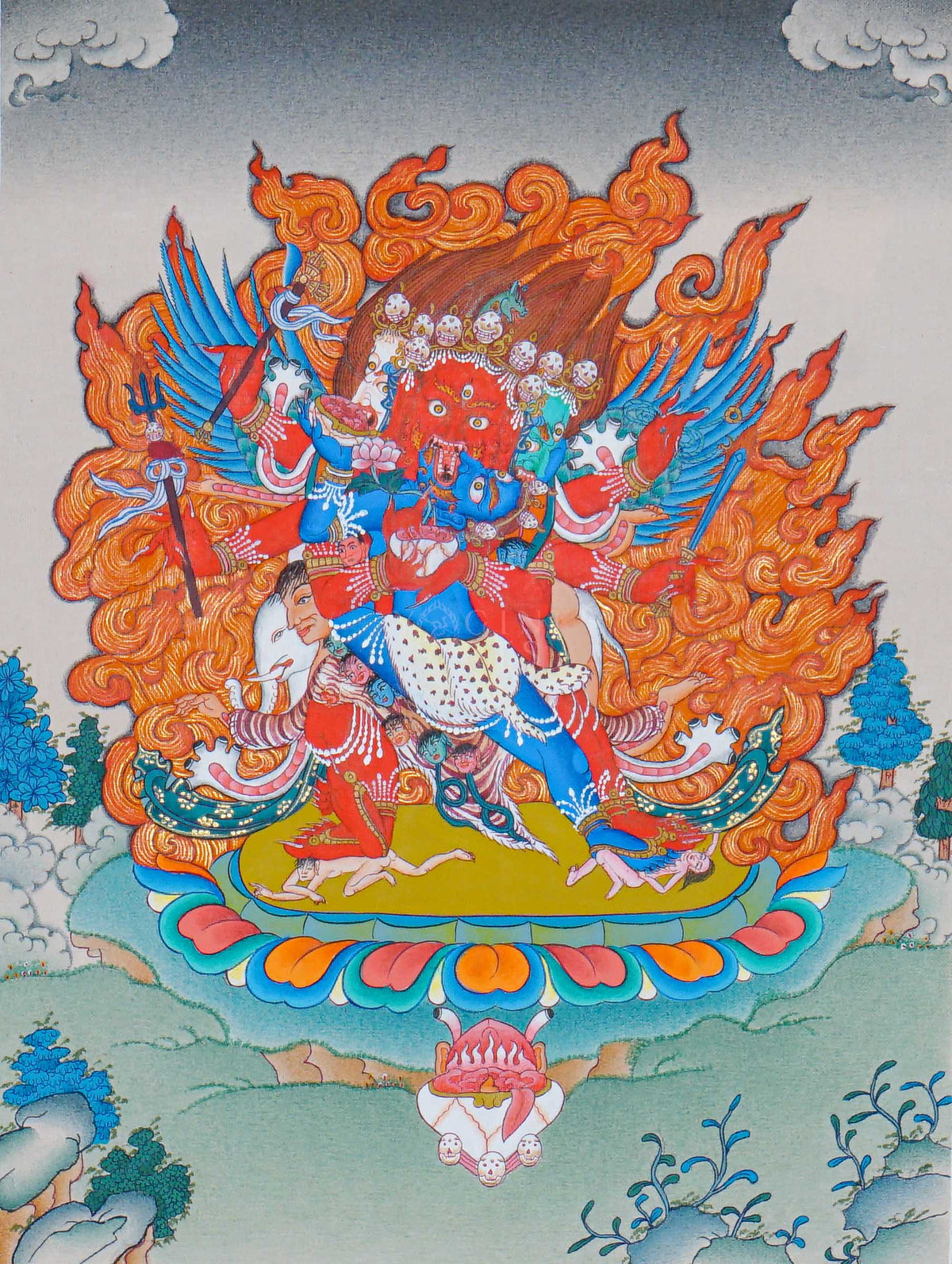 Hayagriva Thangka painting featuring a multi-faced wrathful Buddhist deity surrounded by blazing flames, a colorful lotus throne, and Himalayan landscape details, 30 x 23 cm