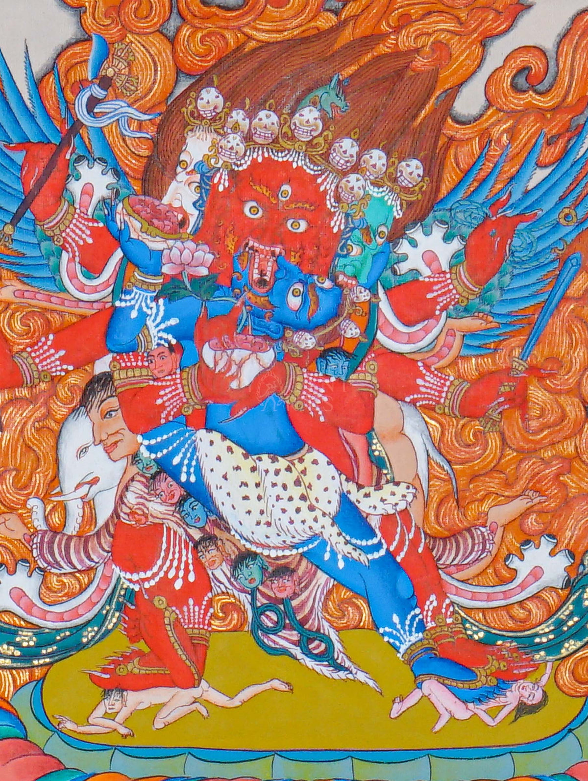 Hayagriva Thangka painting featuring a multi-faced wrathful Buddhist deity surrounded by blazing flames, a colorful lotus throne, and Himalayan landscape details, 30 x 23 cm