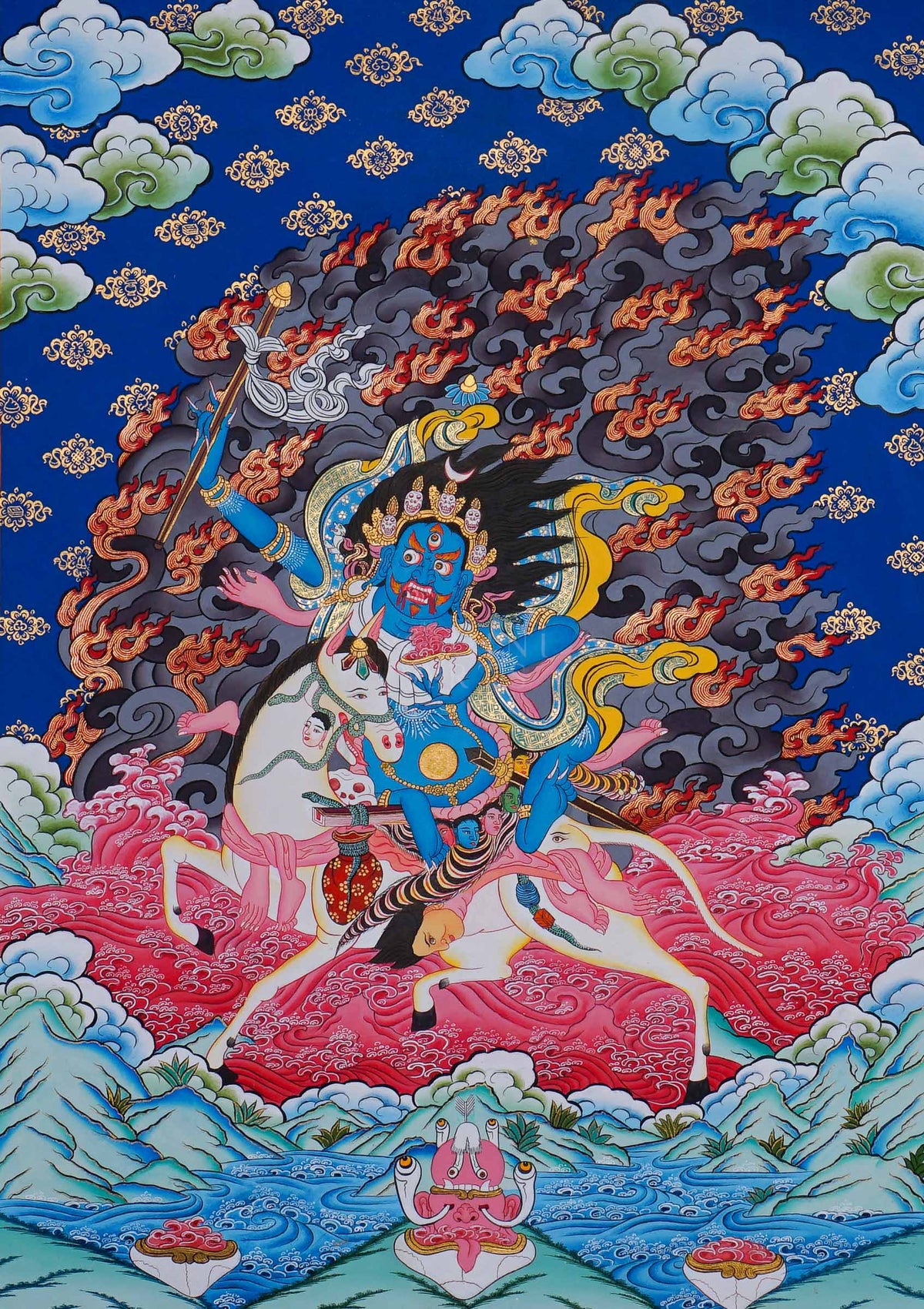Palden Lhamo Tibetan Buddhist Thangka painting riding a mule, hand painted in Nepal