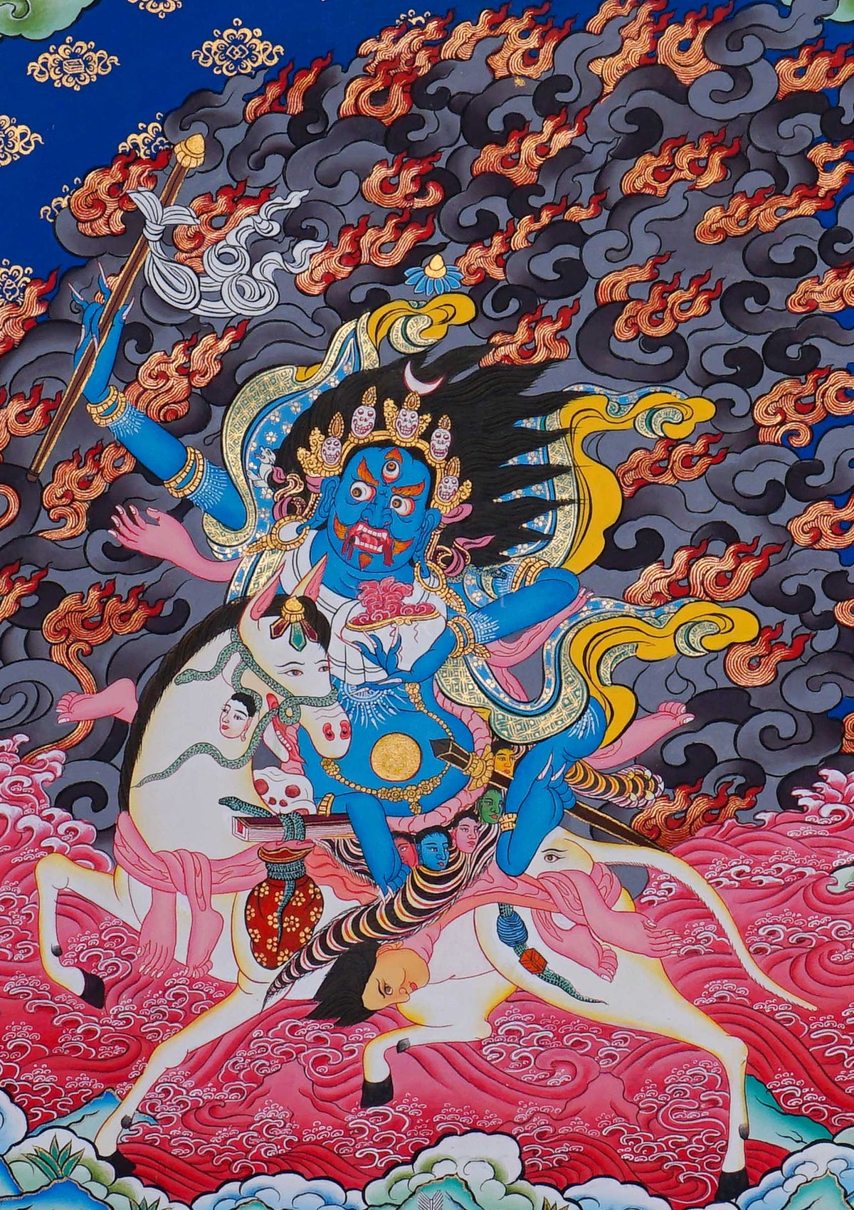 Palden Lhamo Tibetan Buddhist Thangka painting riding a mule, hand painted in Nepal