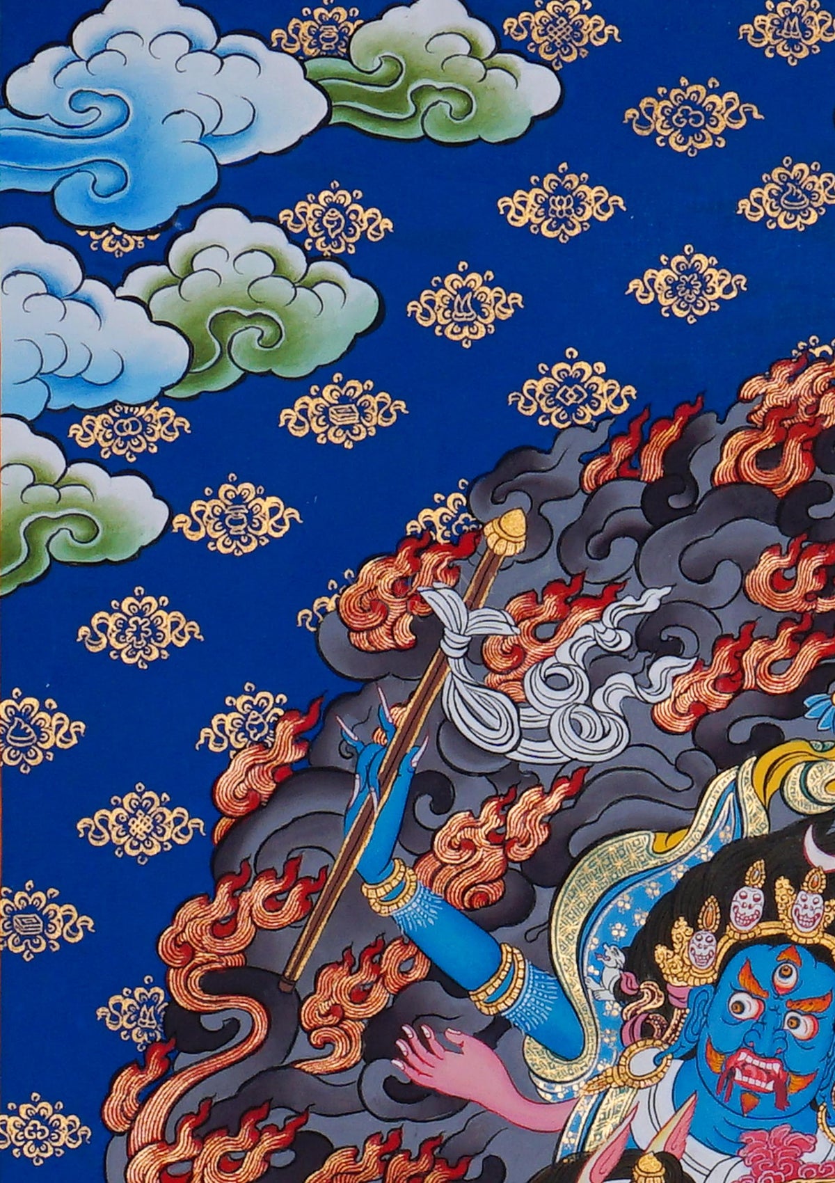 Palden Lhamo Tibetan Buddhist Thangka painting riding a mule, hand painted in Nepal