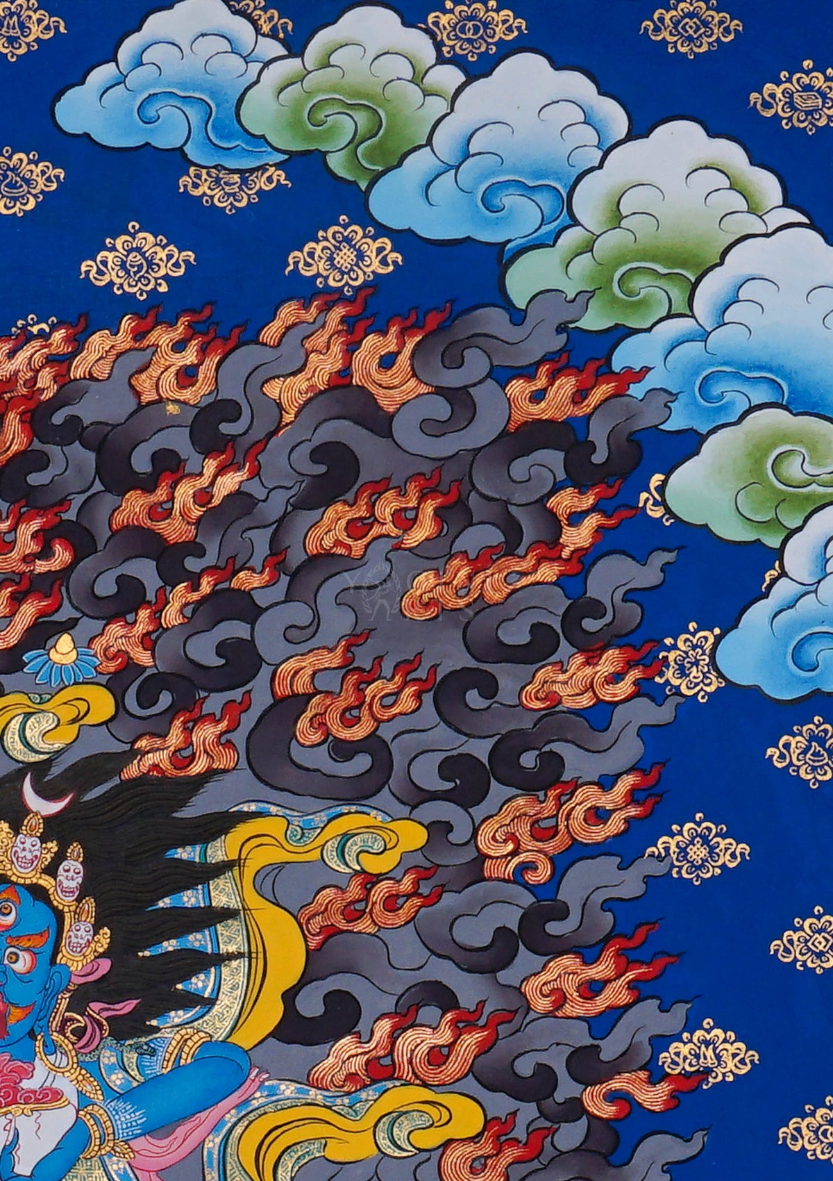 Palden Lhamo Tibetan Buddhist Thangka painting riding a mule, hand painted in Nepal