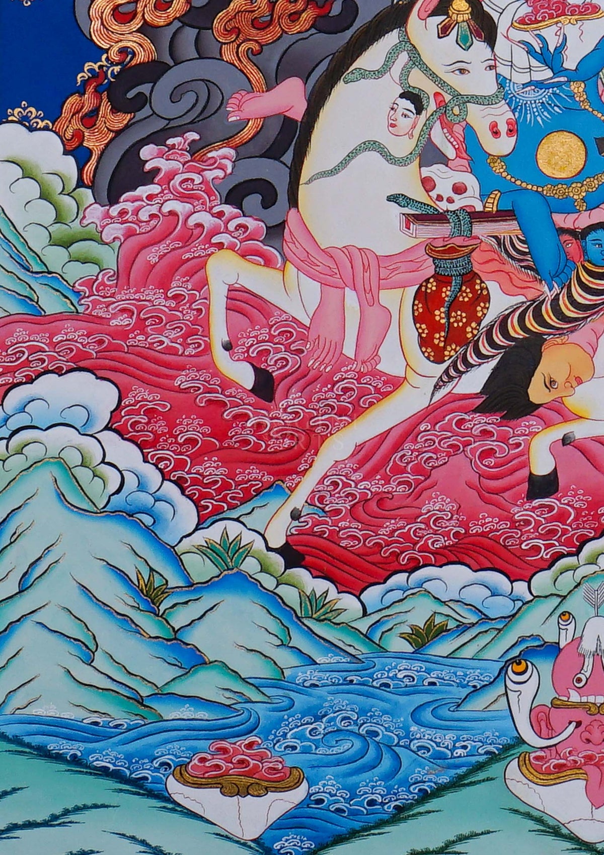 Palden Lhamo Tibetan Buddhist Thangka painting riding a mule, hand painted in Nepal